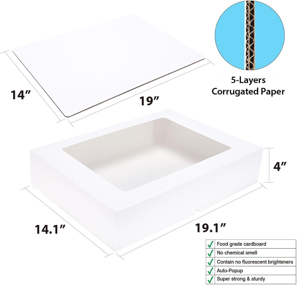 Wholesale 6 Pack 19x14x4 Inch Auto-Popup Large Rectangle Cake Boxes with Thick Cake Boards Half Sheet Bakery Boxes for Pastries Cupcakes Muffins Pies Manufacturer Wholesale 6 Pack 19x14x4 Inch Auto-Popup Large Rectangle Cake Boxes with Thick Cake Boards Half Sheet Bakery Boxes for Pastries Cupcakes Muffins Pies Manufacturer