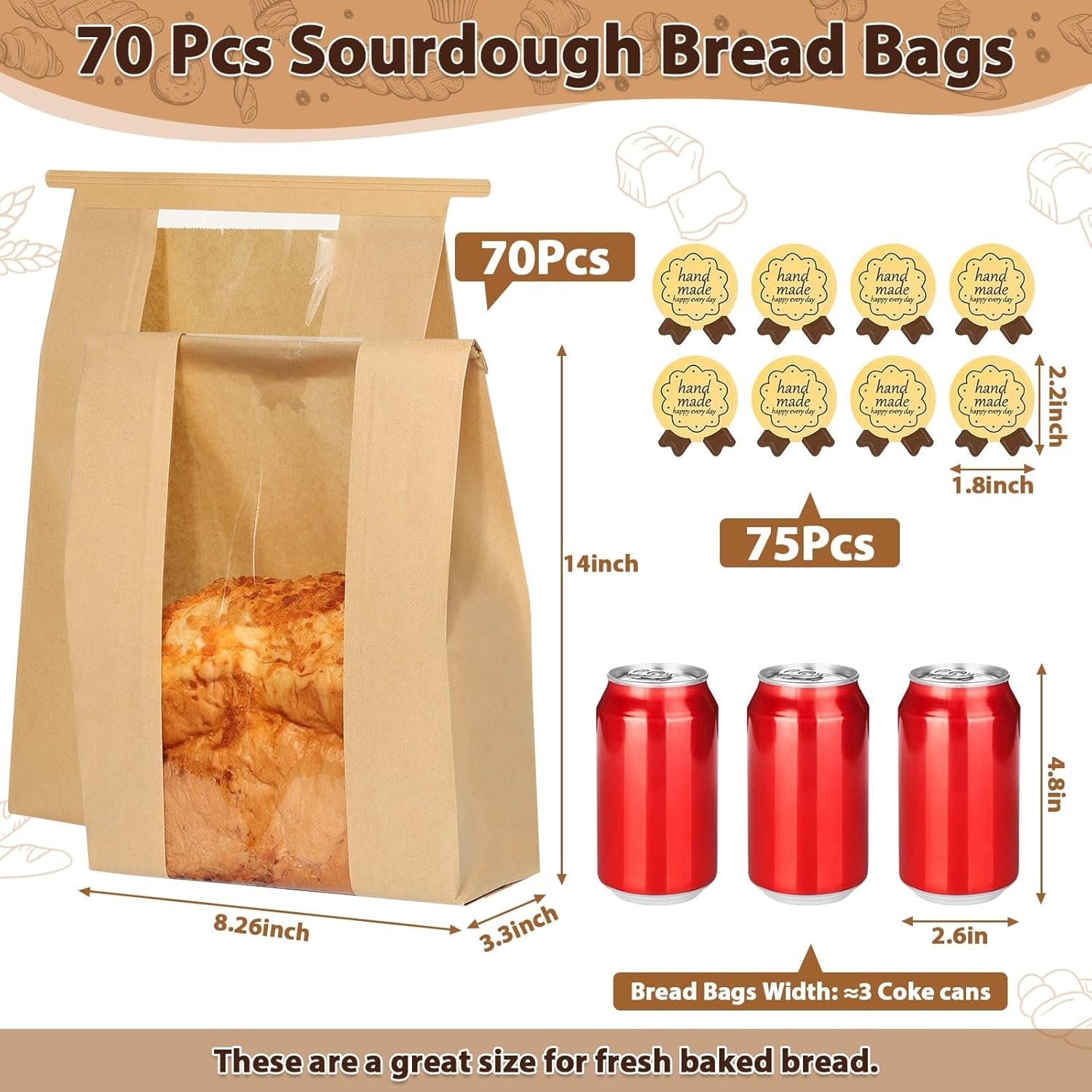 Wholesale Large Kraft Paper Bread Bags with Tin Tie Tab Lock 70 Pack Sourdough Bags 14