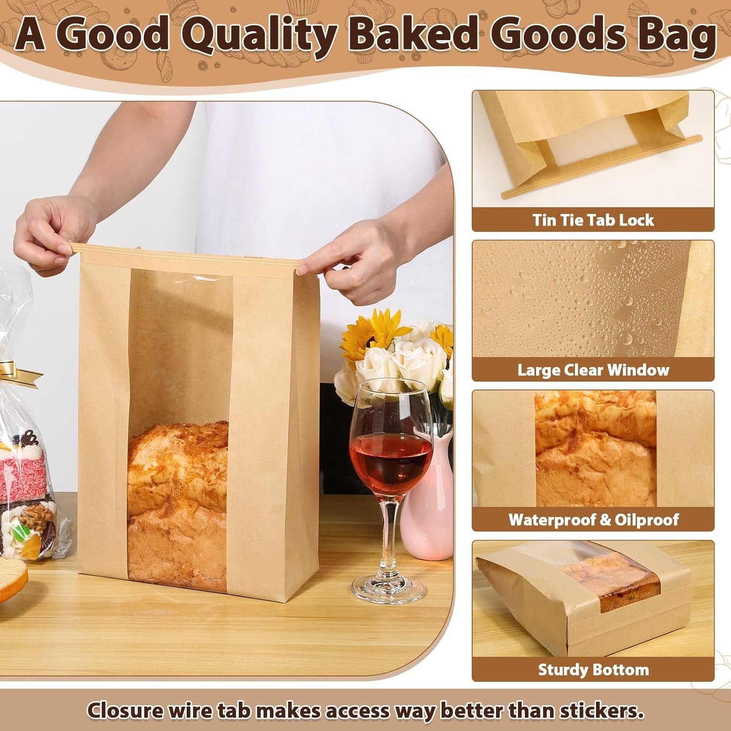 Wholesale Large Kraft Paper Bread Bags with Tin Tie Tab Lock 70 Pack Sourdough Bags 14