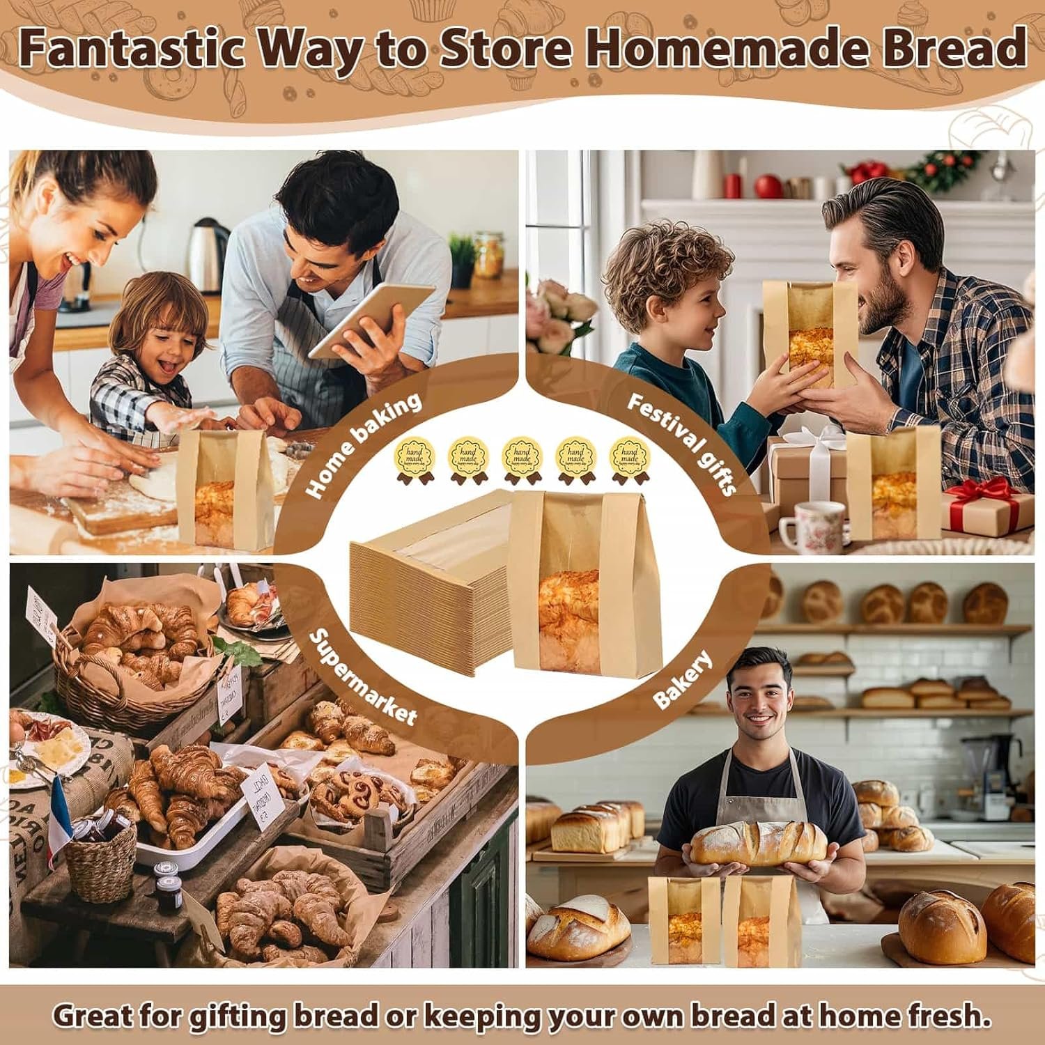 Wholesale Large Kraft Paper Bread Bags with Tin Tie Tab Lock 70 Pack Sourdough Bags 14