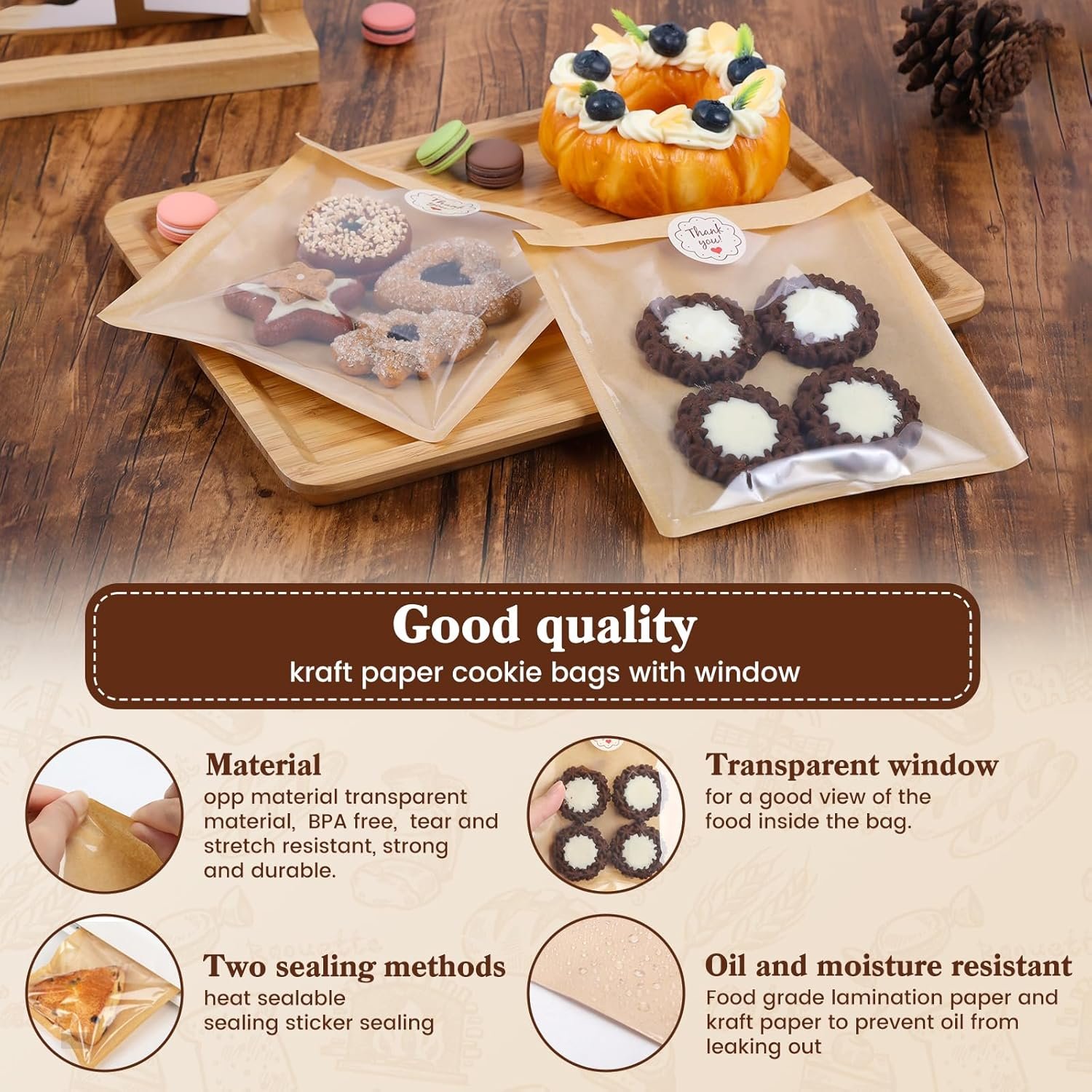 Wholesale 100 Pack 7.1x7.5 Inch Food-Grade Bakery Bags with Window and Seal Stickers Heat Sealable Paper Sleeves for Cookies Cakes Sandwiches Donuts Brown Manufacturer