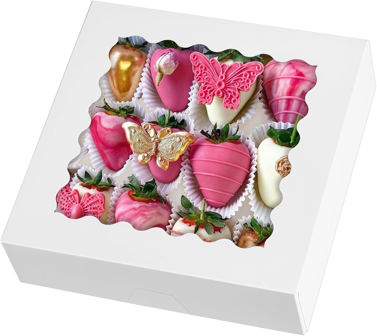 Wholesale 9" x 9" x 2.5" Auto Pop-Up White Bakery Boxes with Window 20 Pack for Pies Chocolate Covered Strawberries Cookies Treats Pastries Breakable Hearts Donuts Muffins Manufacturer