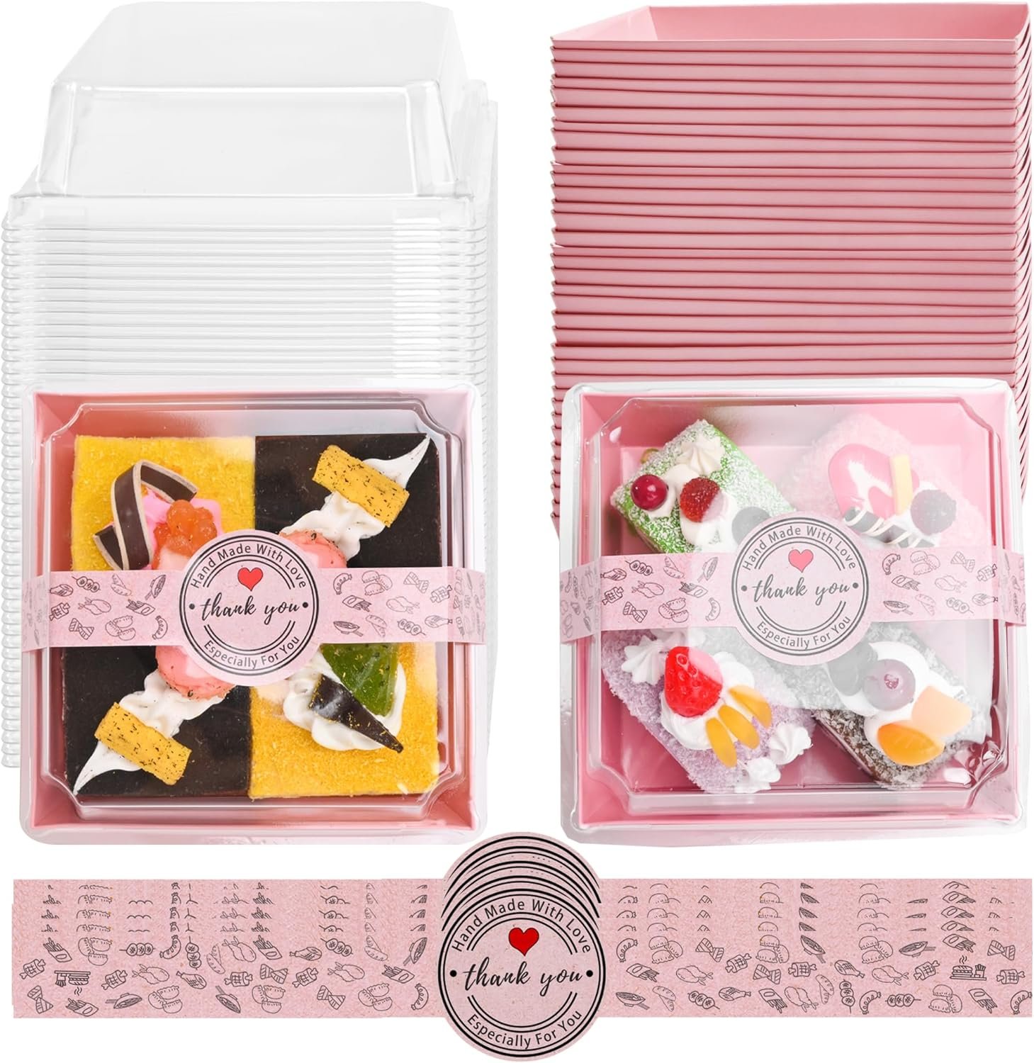 Wholesale 50 Sets 4 Inches Square Paper Charcuterie Boxes with Clear Lids and Stickers Disposable Food Containers Bakery Boxes for Macarons Sandwiches Slice Cakes Cookies Hot Cocoa Bombs Strawberries Pink Manufacturer