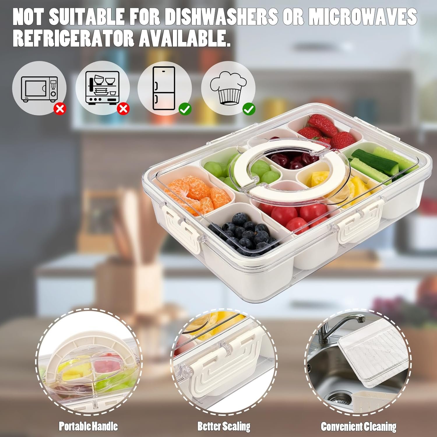 Wholesale 8-Compartment Divided Snack Container Serving Tray with Lid and Handle Portable Organizer for Veggie Charcuterie Fruit Storage and Candy Manufacturer