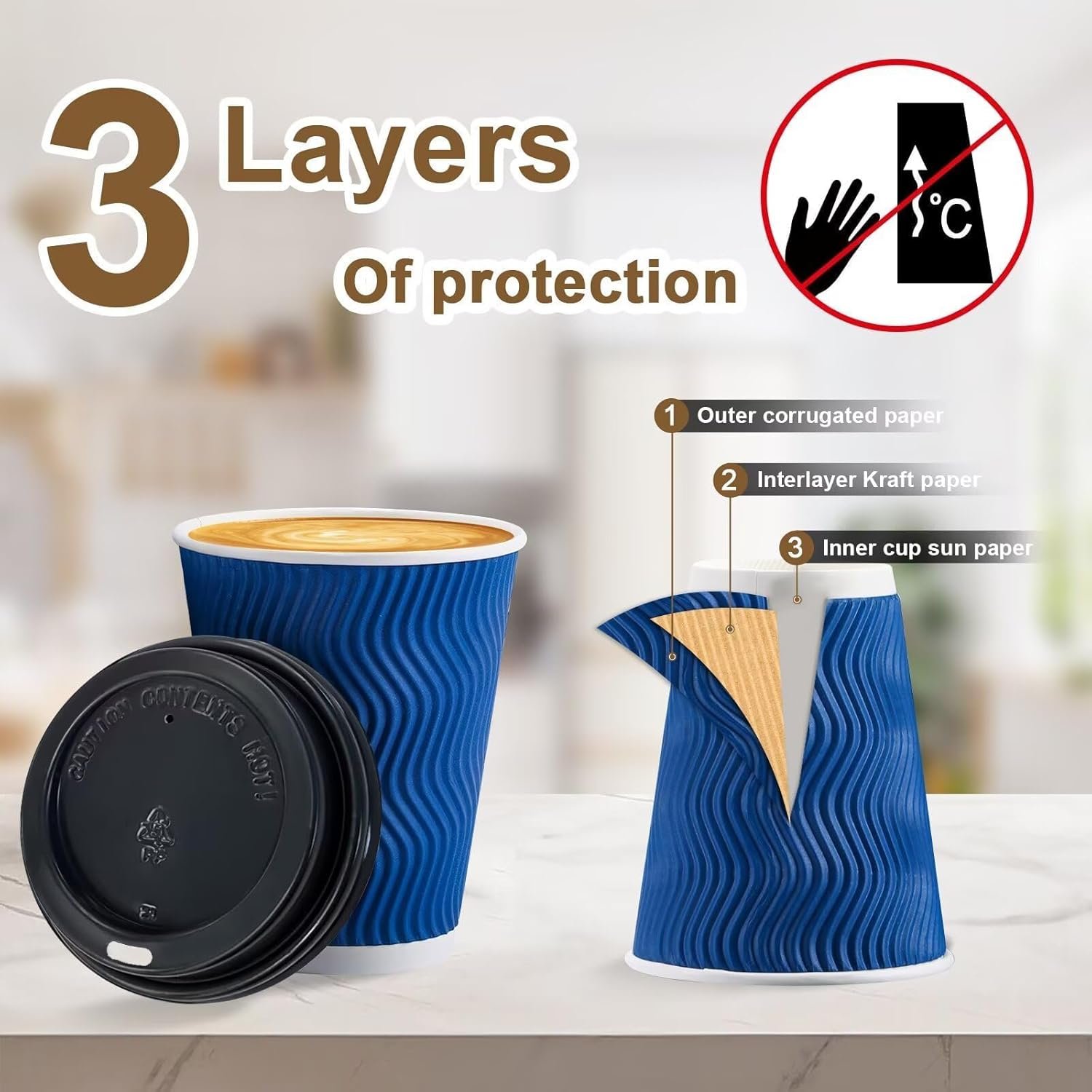 Wholesale 100 Pack 12oz Disposable Insulated Ripple Wall Paper Coffee Cups with Lids To Go for Hot Cold Drinks Office Home Shop Event Navy Manufacturer