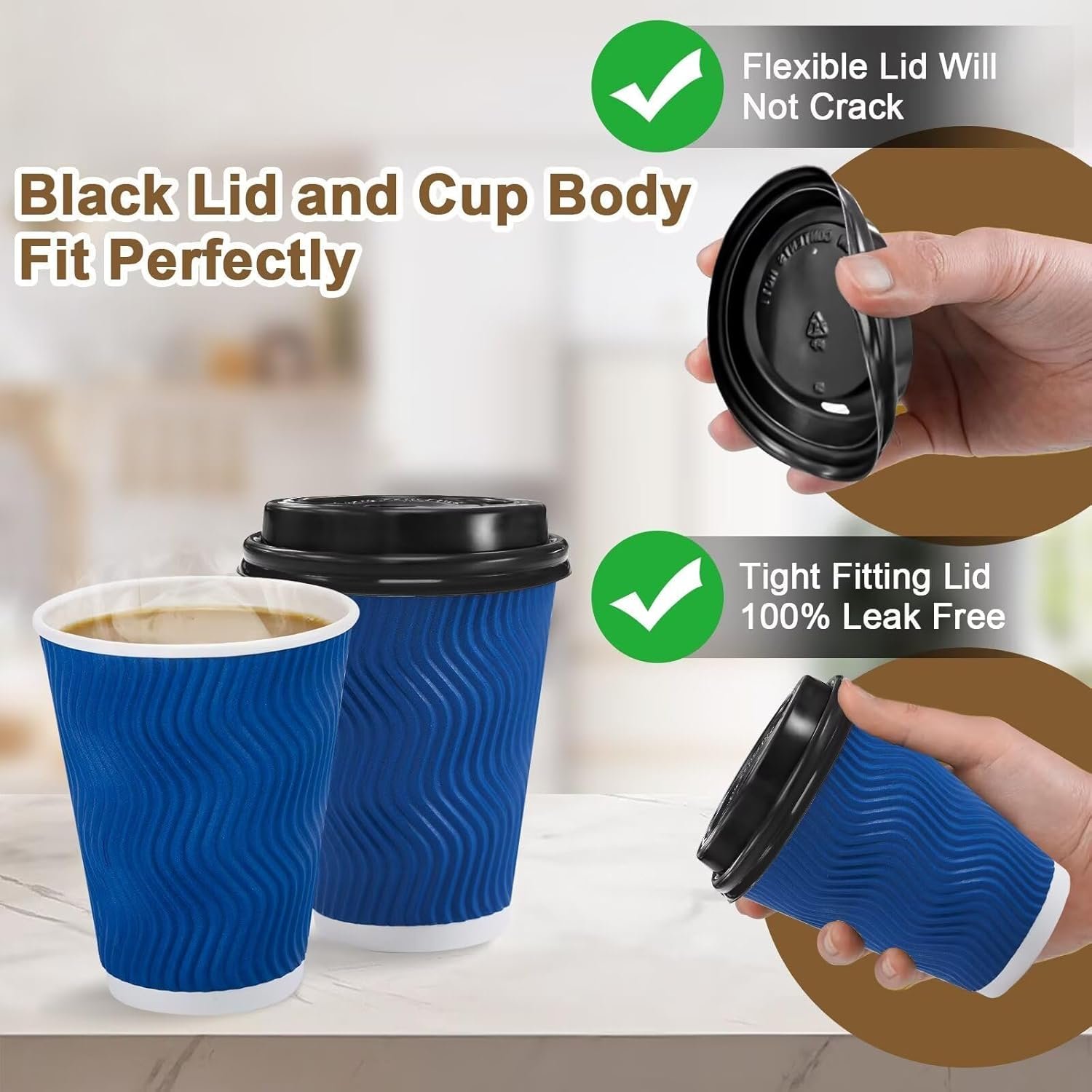 Wholesale 100 Pack 12oz Disposable Insulated Ripple Wall Paper Coffee Cups with Lids To Go for Hot Cold Drinks Office Home Shop Event Navy Manufacturer