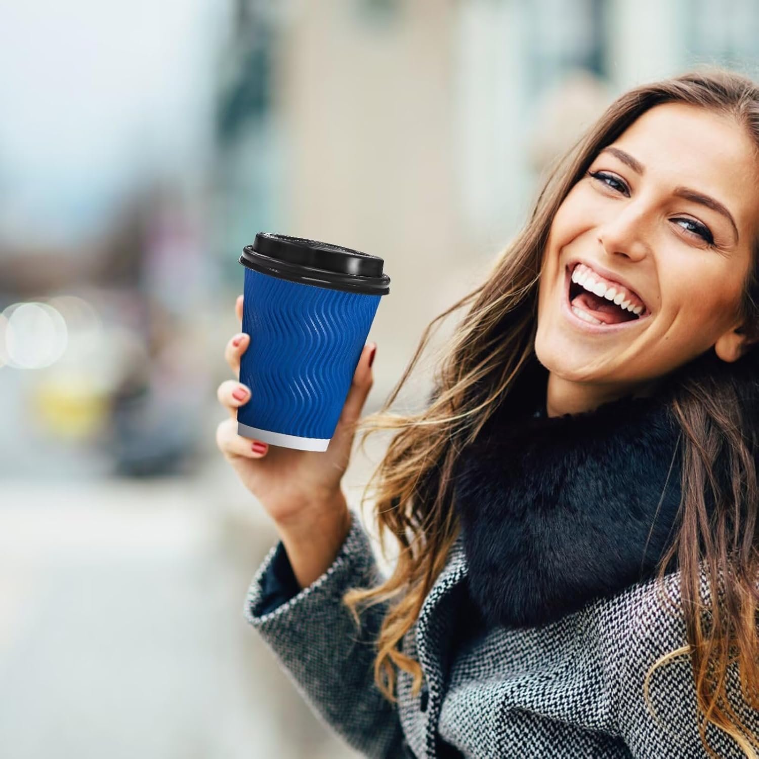 Wholesale 100 Pack 12oz Disposable Insulated Ripple Wall Paper Coffee Cups with Lids To Go for Hot Cold Drinks Office Home Shop Event Navy Manufacturer