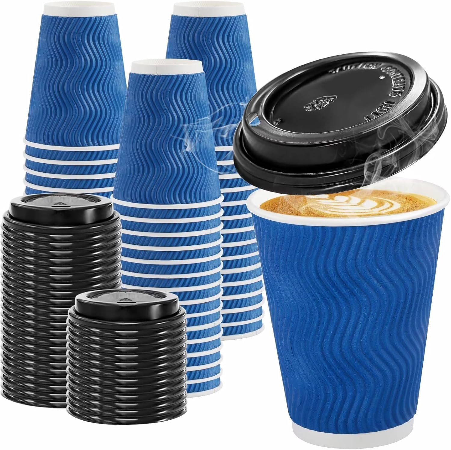 Wholesale 100 Pack 12oz Disposable Insulated Ripple Wall Paper Coffee Cups with Lids To Go for Hot Cold Drinks Office Home Shop Event Navy Manufacturer