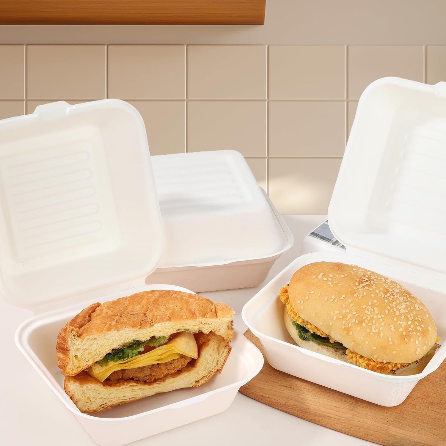 Wholesale 60 Pack 6x6 Inch 100% Compostable Clamshell Take Out Containers with Lids for Hamburgers Sandwiches Chips Manufacturer Wholesale 60 Pack 6x6 Inch 100% Compostable Clamshell Take Out Containers with Lids for Hamburgers Sandwiches Chips Manufacturer