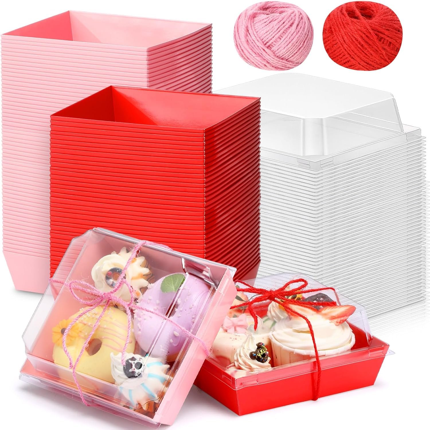 Wholesale 150 Pack 5" Disposable Square Valentine Charcuterie Boxes with Clear Lids and Rope Pink Red Dessert Food Cookie Containers for Party Favor Cake Sandwich Manufacturer