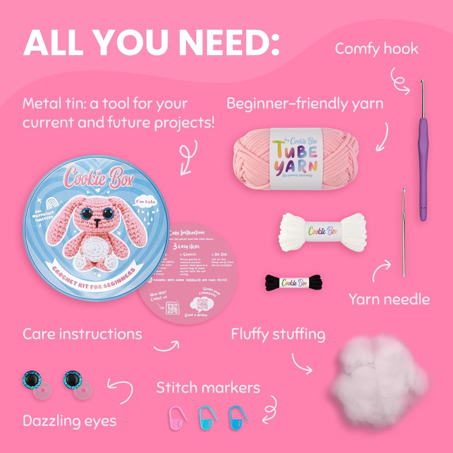 Wholesale Crochet Kit for Beginners Gift Set to Make Bunny Lola Amigurumi Plushie Easy DIY Starter Kit with Video and PDF Tutorials Manufacturer