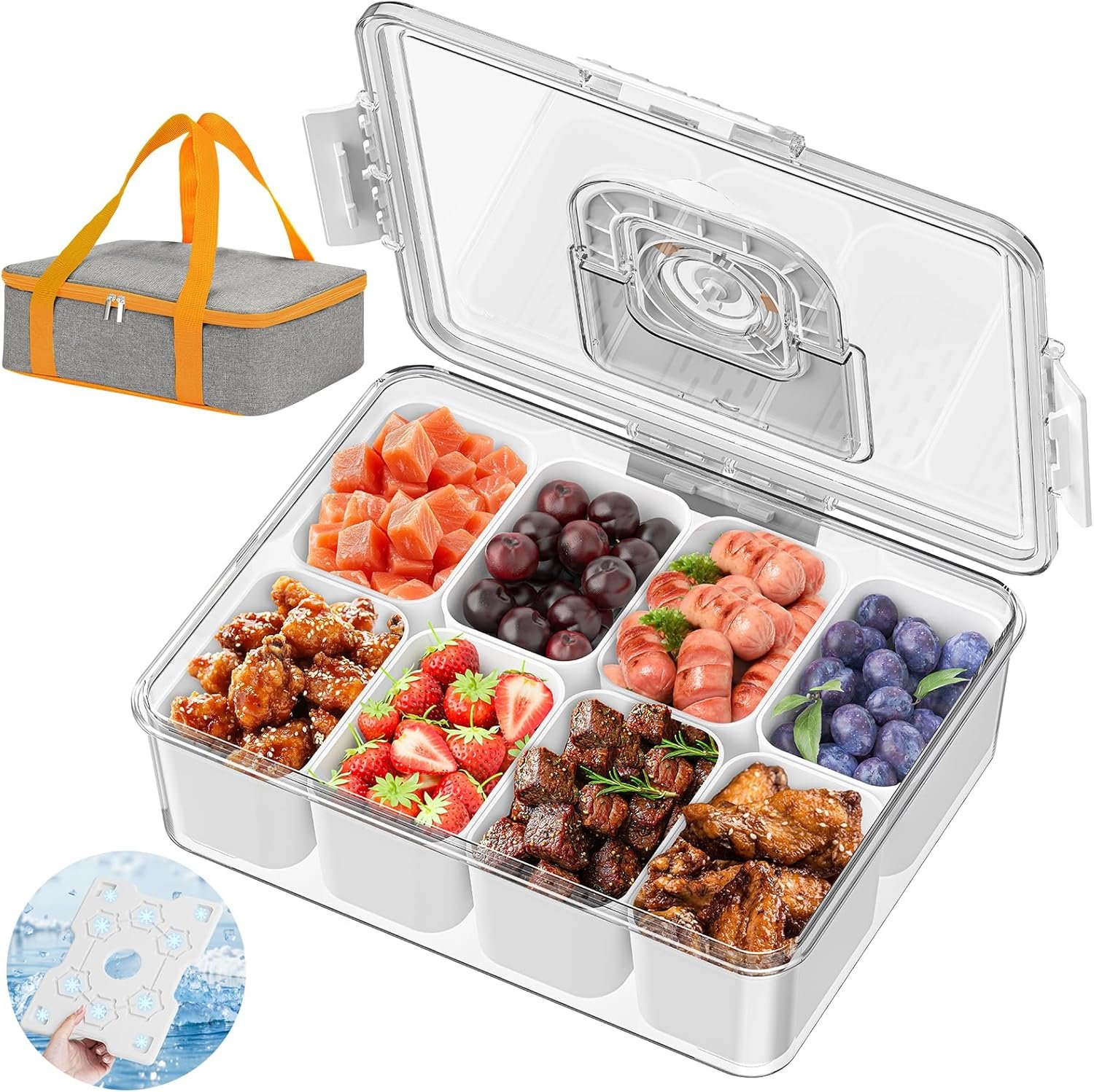 Wholesale 8-Compartment Chilled Snack Container with Ice Pack Insulated Bag Portable Serving Tray Lid and Handle for Charcuterie Road Trips Picnics Manufacturer