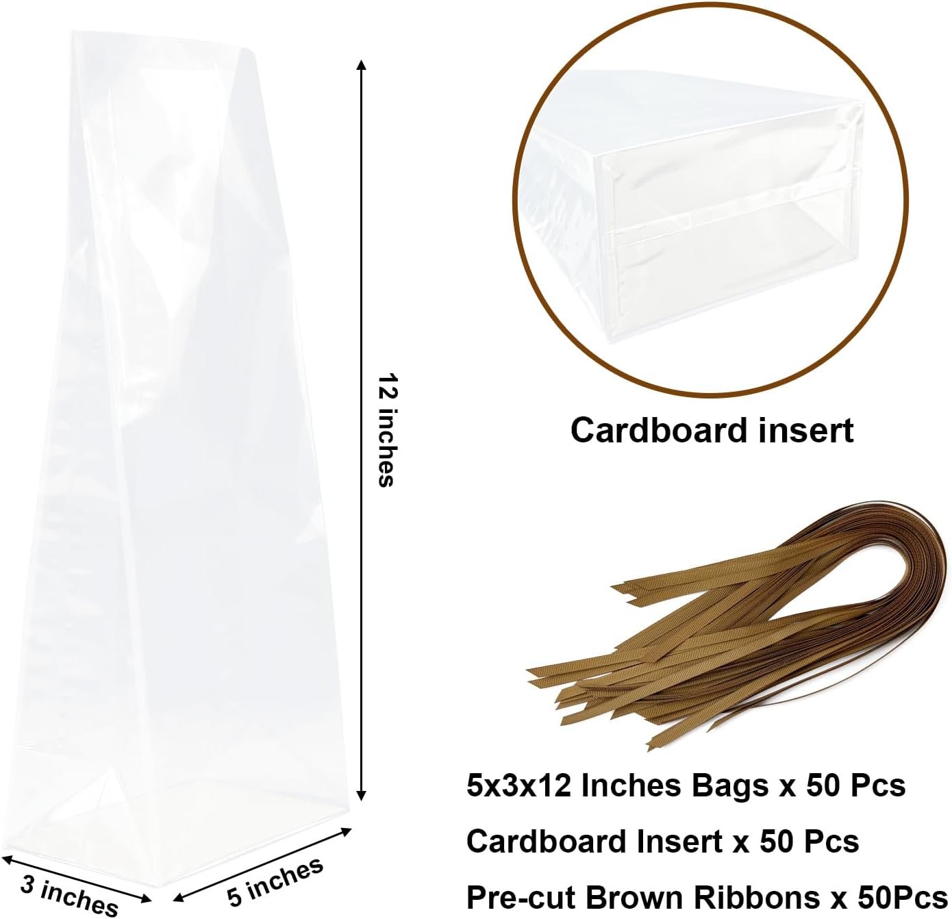 Wholesale 50 Pcs 5x3x12 Inch Gusseted Flat Bottom Cellophane Bags with Ribbon and Cardboard Insert for Cookies and Gifts Manufacturer