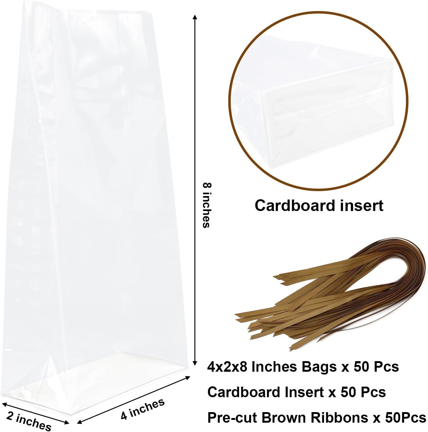 Wholesale 50 Pcs 4x2x8 Inch Gusseted Flat Bottom Cellophane Bags with Ribbon and Cardboard Insert for S'mores and Cupcakes Manufacturer