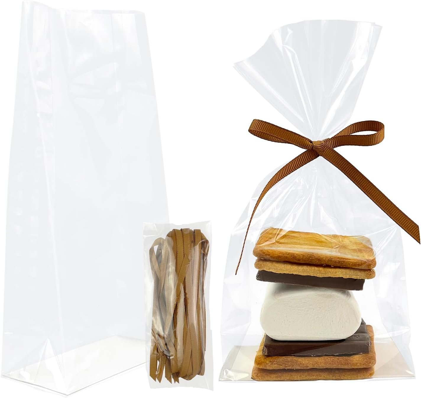 Wholesale 50 Pcs 4x2x8 Inch Gusseted Flat Bottom Cellophane Bags with Ribbon and Cardboard Insert for S'mores and Cupcakes Manufacturer