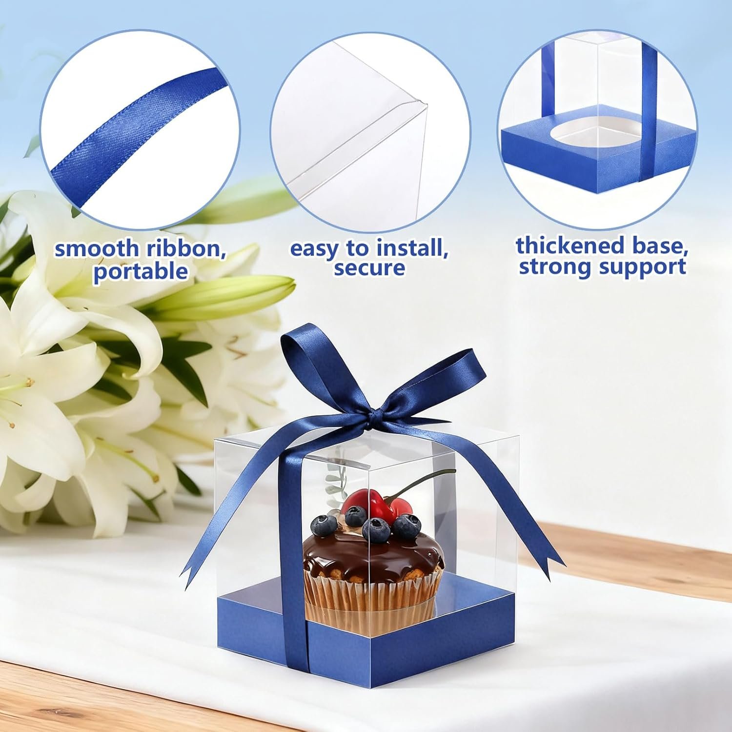 Wholesale 50Pcs 3.5 Inch Clear Plastic Single Cupcake Boxes with Inserts and Ribbon for Cake Dessert Wedding Birthday Party Blue Manufacturer