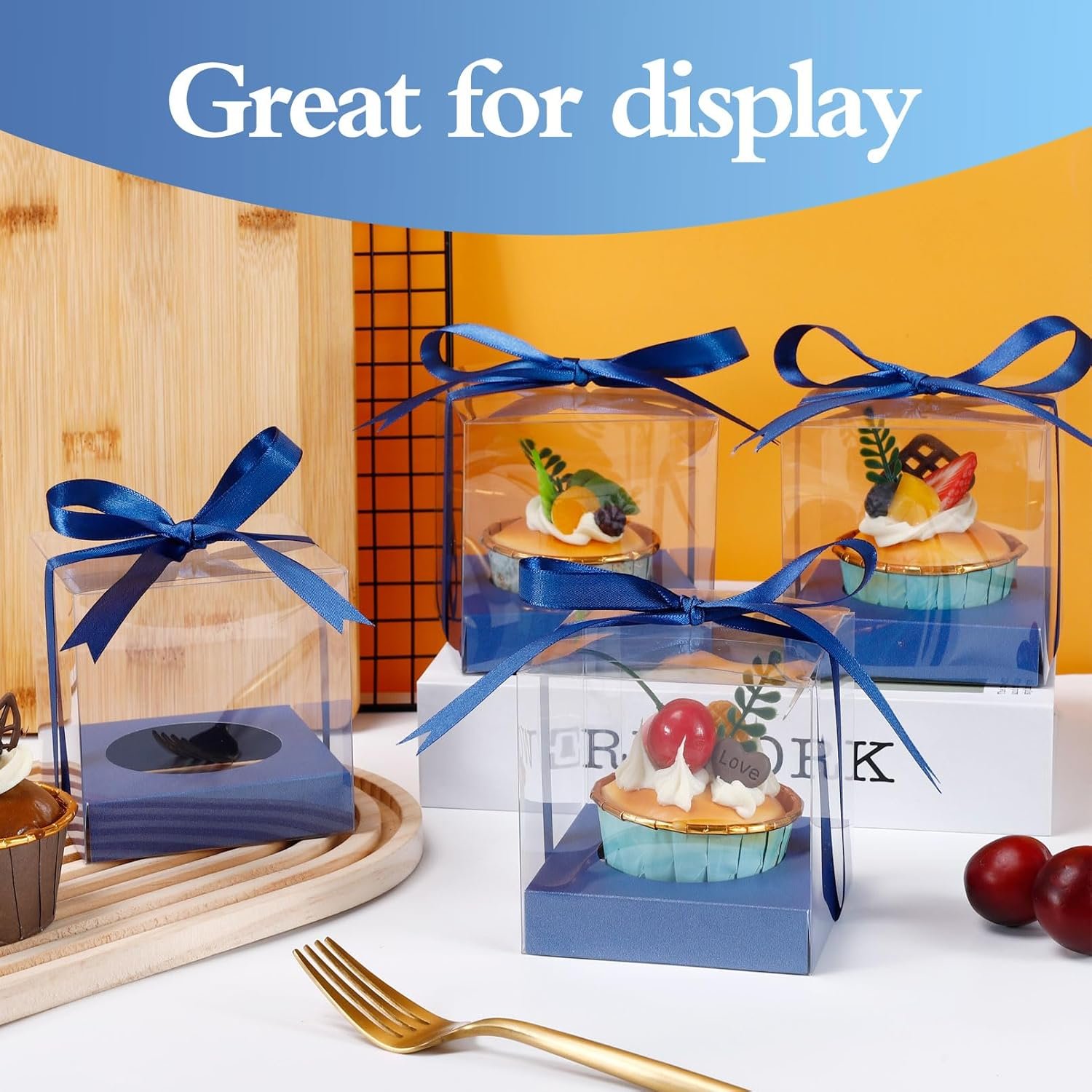 Wholesale 50Pcs 3.5 Inch Clear Plastic Single Cupcake Boxes with Inserts and Ribbon for Cake Dessert Wedding Birthday Party Blue Manufacturer
