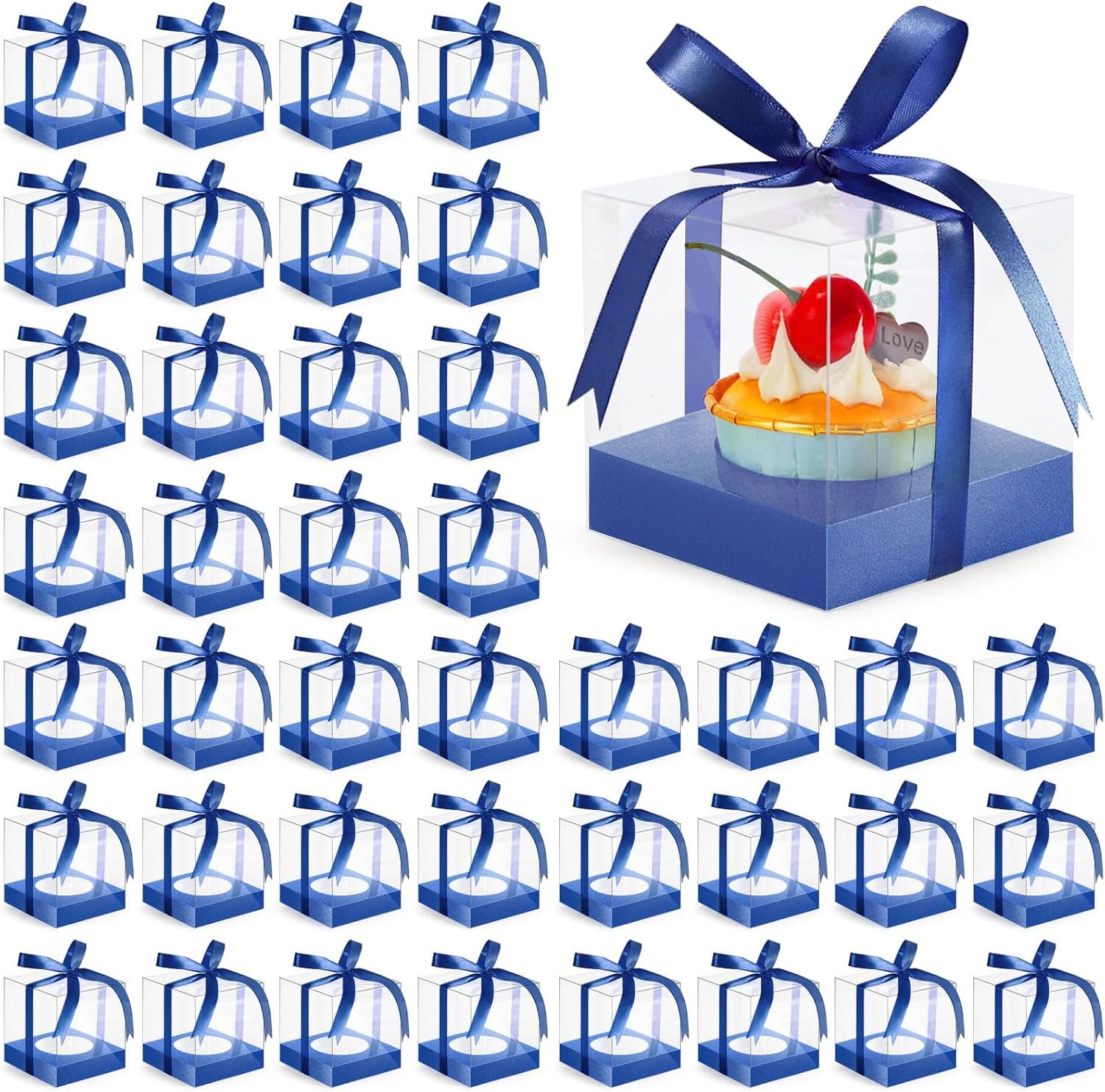 Wholesale 50Pcs 3.5 Inch Clear Plastic Single Cupcake Boxes with Inserts and Ribbon for Cake Dessert Wedding Birthday Party Blue Manufacturer