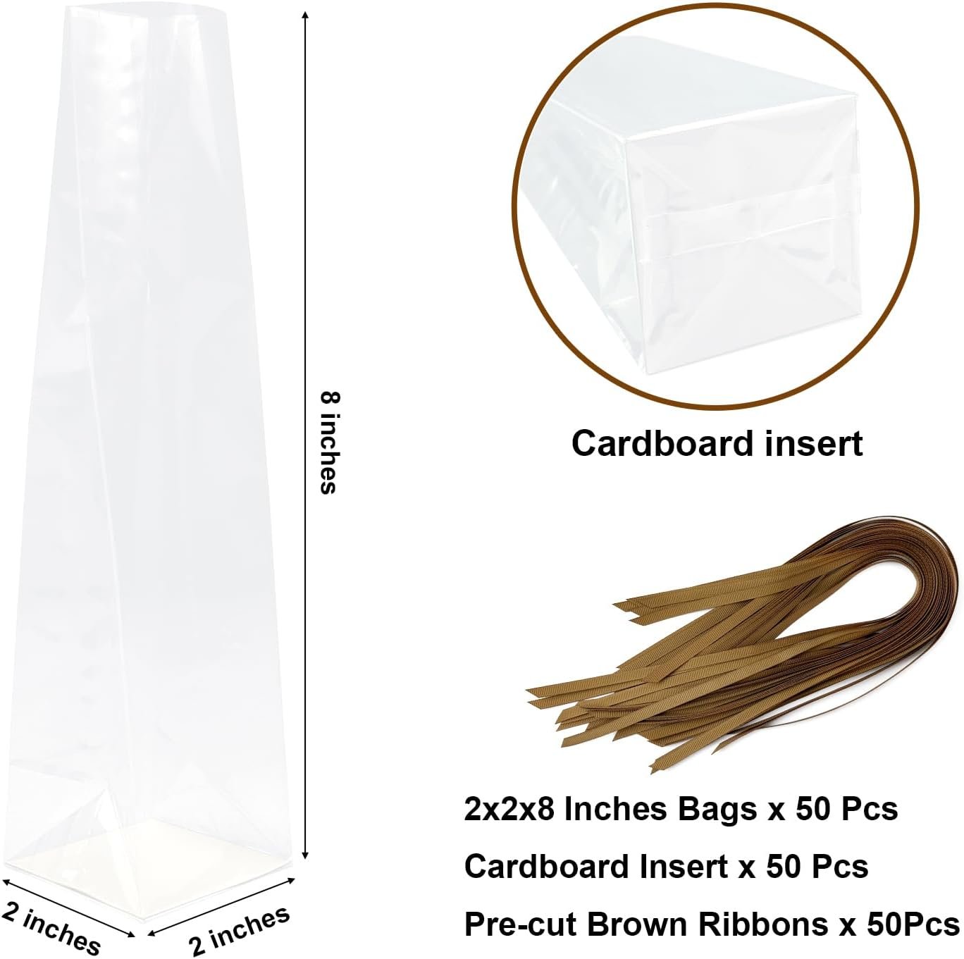 Wholesale 50 Pcs 2x2x8 Inch Gusseted Flat Bottom Small Cellophane Bags with Ribbon and Cardboard Insert for Treats and Candy Manufacturer Wholesale 50 Pcs 2x2x8 Inch Gusseted Flat Bottom Small Cellophane Bags with Ribbon and Cardboard Insert for Treats and Candy Manufacturer