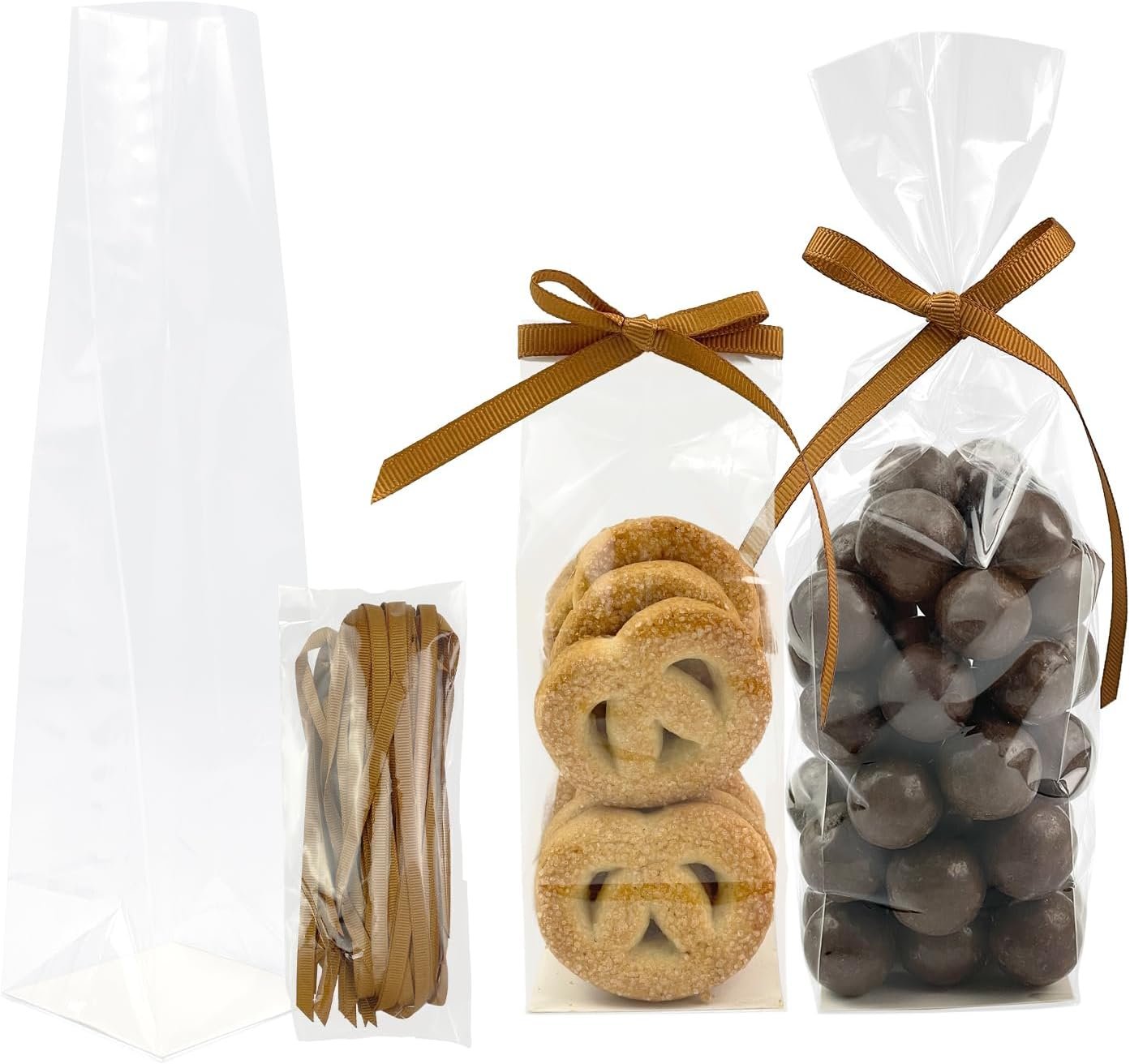 Wholesale 50 Pcs 2x2x8 Inch Gusseted Flat Bottom Small Cellophane Bags with Ribbon and Cardboard Insert for Treats and Candy Manufacturer