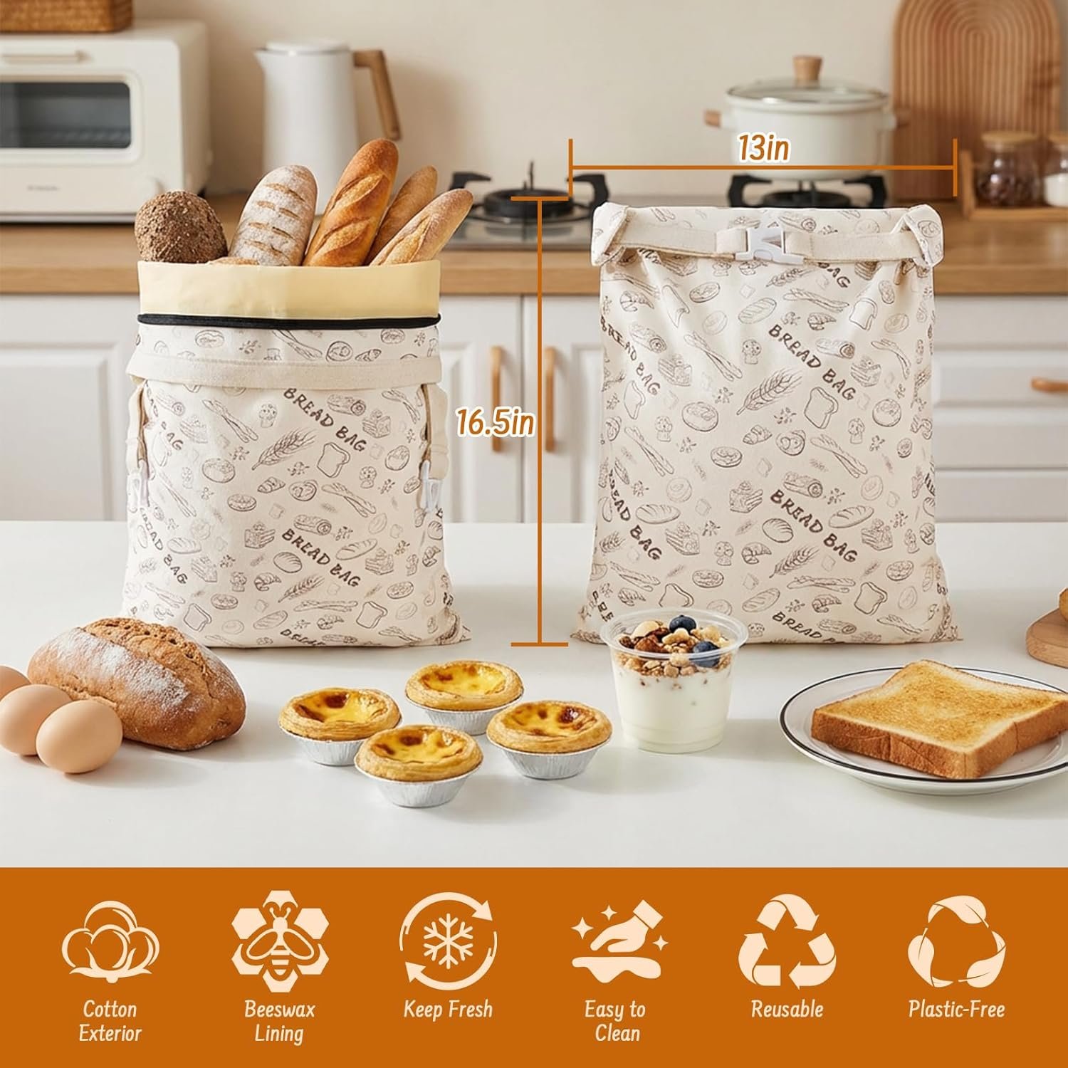 Wholesale 2-Pack Reusable Beeswax Bread Bags for Sourdough and Homemade Bread 16.5 x 13 Inch Food Storage Manufacturer