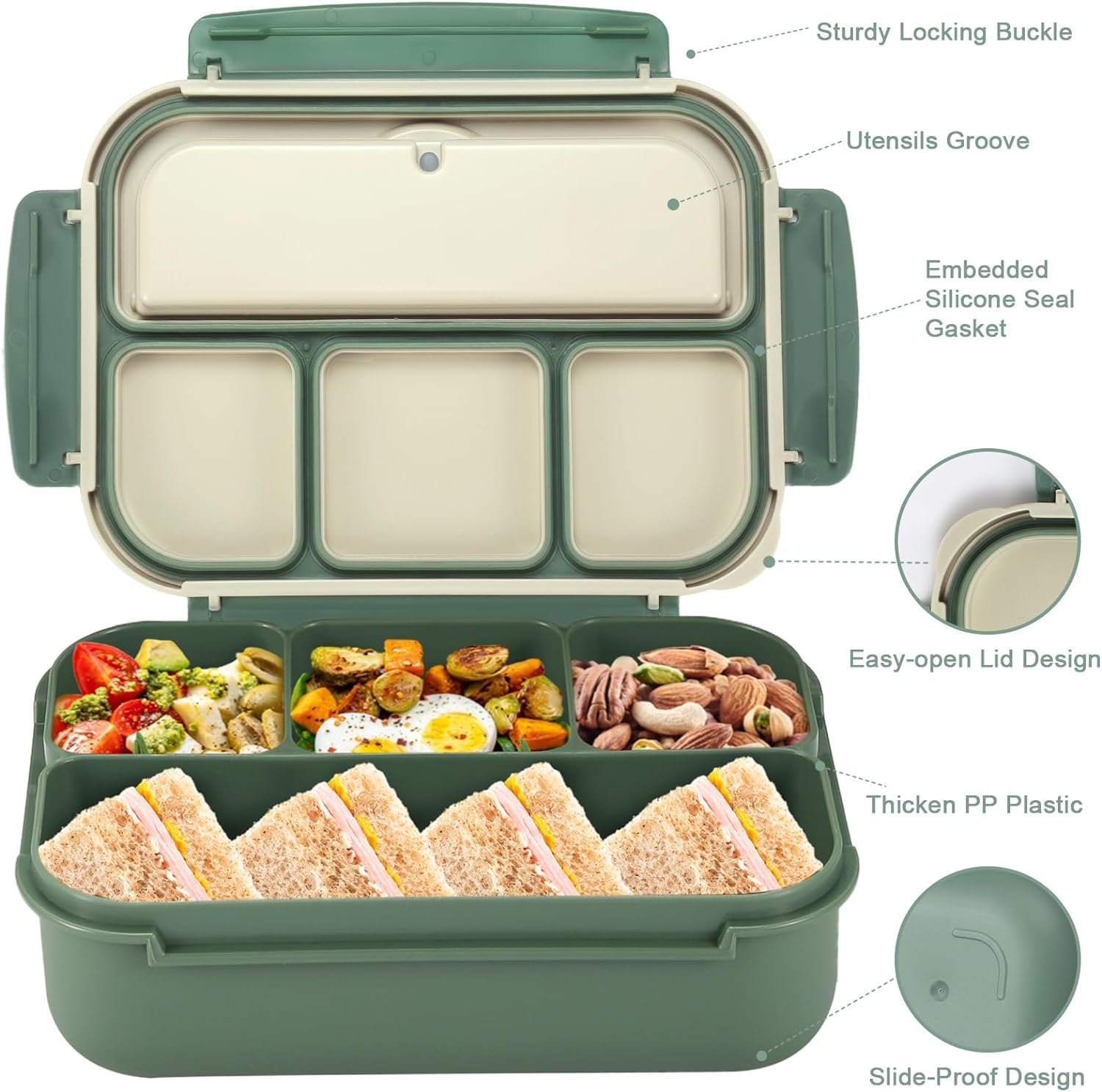 Wholesale Bento Box Lunch Containers for Adults Kids Girls Boys 4 Compartments Utensils Sauce Jar Muffin Liners 40 Oz/5 Cup Microwave Dishwasher Safe Green Manufacturer