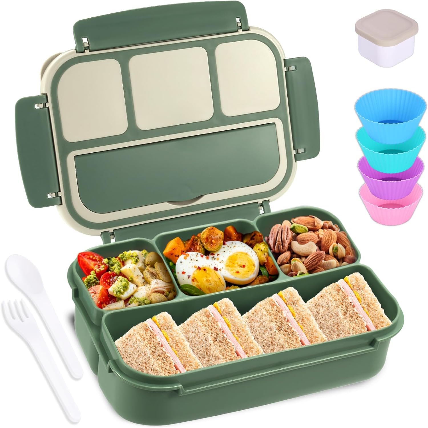 Wholesale Bento Box Lunch Containers for Adults Kids Girls Boys 4 Compartments Utensils Sauce Jar Muffin Liners 40 Oz/5 Cup Microwave Dishwasher Safe Green Manufacturer