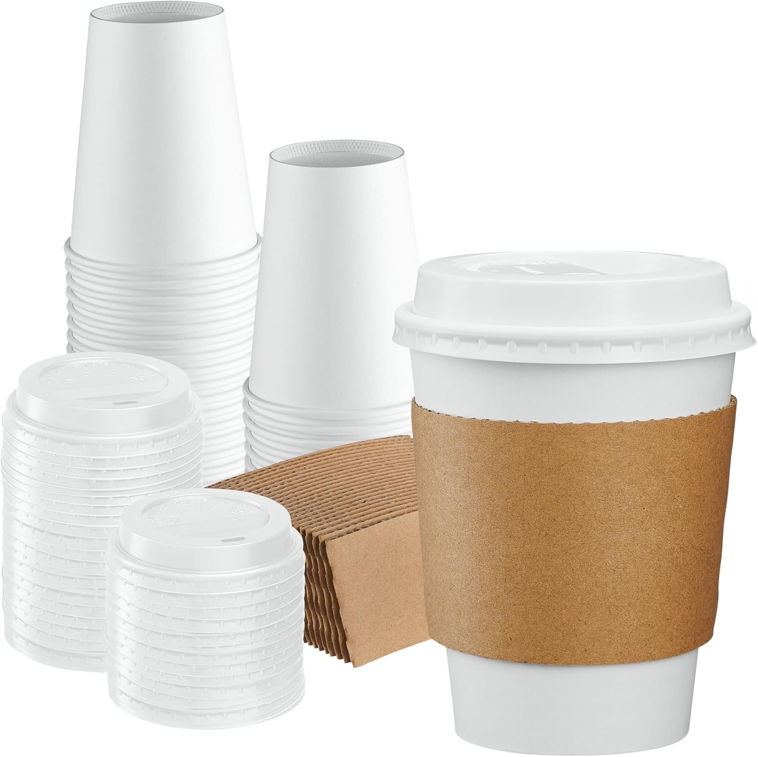 Wholesale 50 Sets 12 oz Disposable White Coffee Cups with Lids and Sleeves To Go Paper Hot Cups Manufacturer