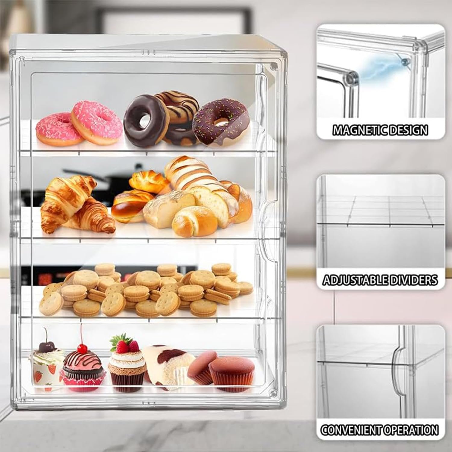 Wholesale 4-Tier Adjustable Acrylic Pastry Display Case for Donuts Cakes Pies Desserts Muffins Cookies Kitchen Countertop with Magnetic Door Clear Storage Manufacturer