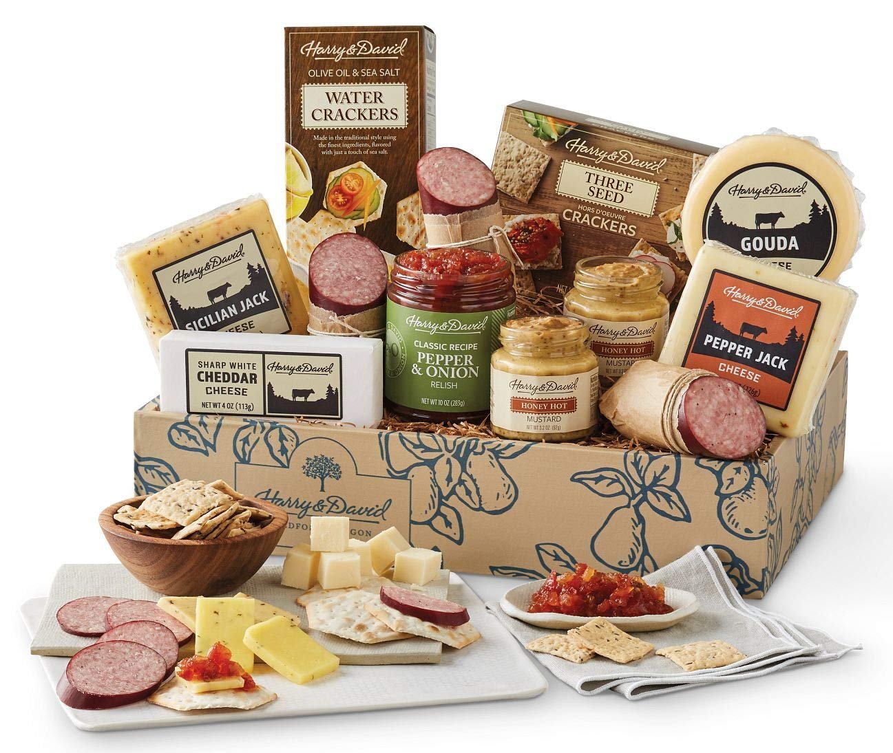 Wholesale Supreme Meat and Cheese Gift Box Charcuterie Platter with 4 Cheese Blocks 4 Sausages 2 Sets of Crackers Relish and Honey Mustard Sauces Manufacturer