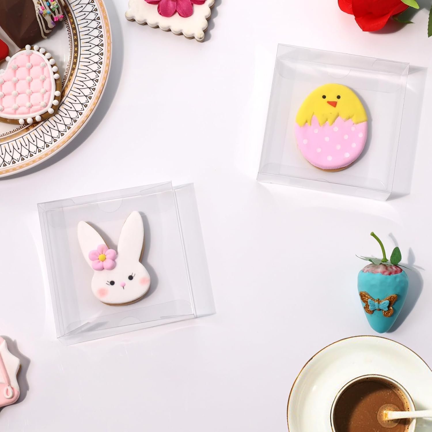 Wholesale 100Pcs Clear Plastic Single Treat Boxes with Full Window 4x4x1.2inch for Macarons Donuts Parties Holidays Manufacturer