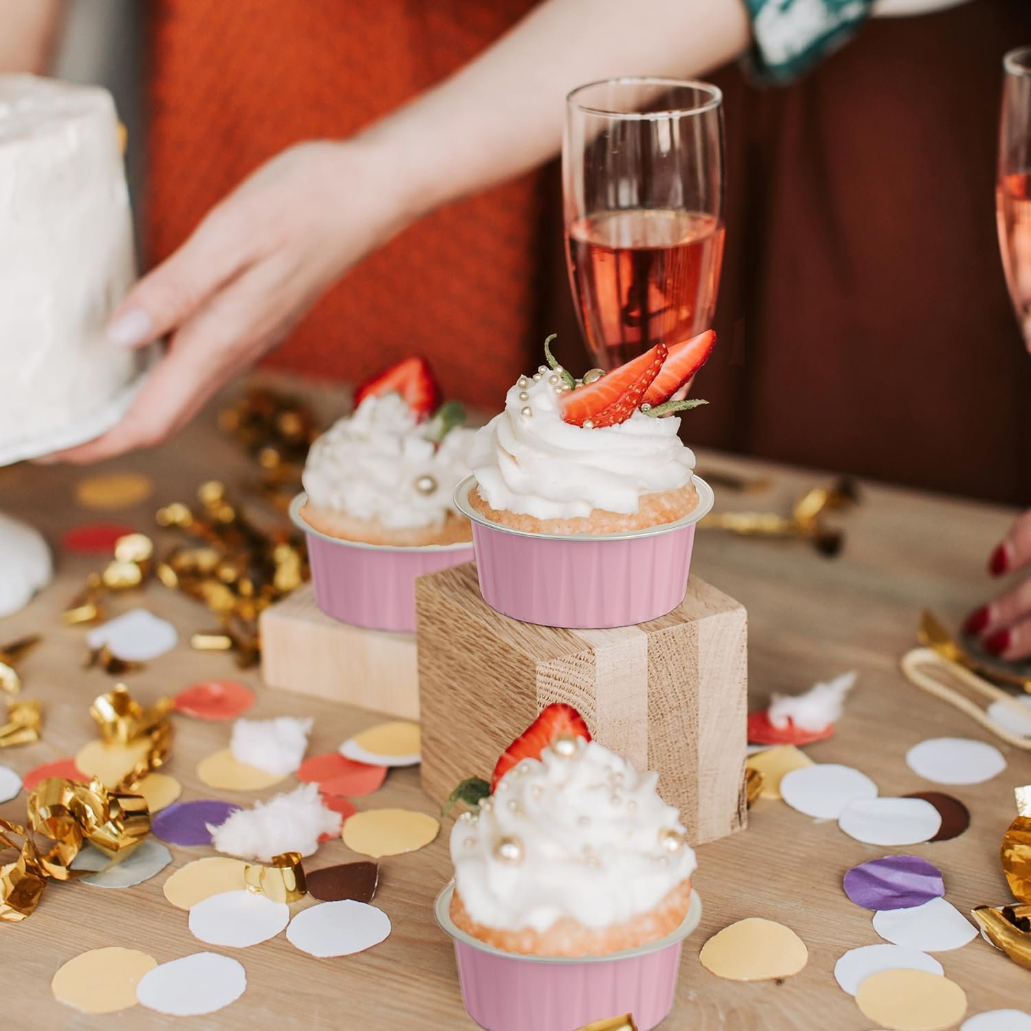 Wholesale 5oz Aluminum Foil Cupcake Pans with Dome Lids 100 Pack Disposable Baking Tins Ramekins for Small Cakes Mini Pies Muffins - Pink Manufacturer