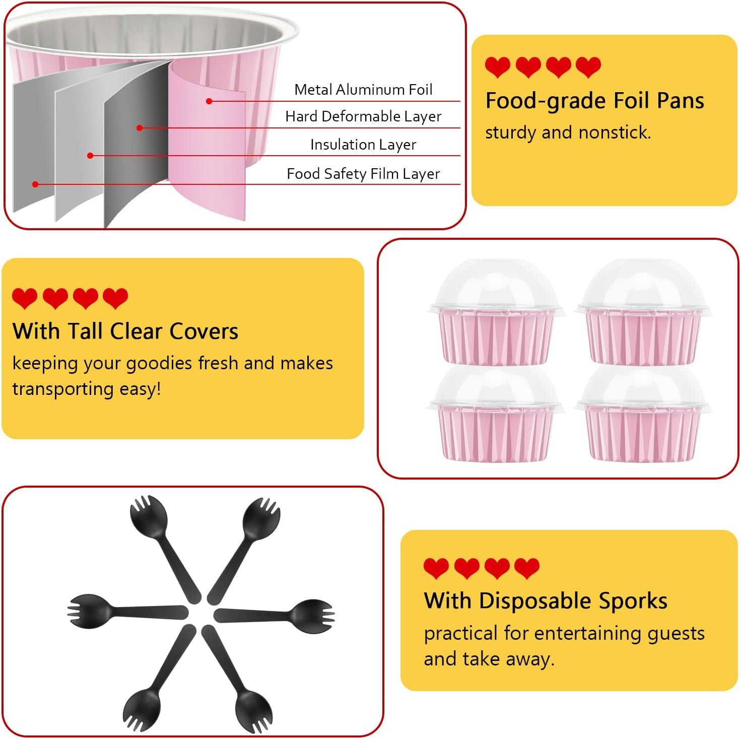 Wholesale 5oz Aluminum Foil Cupcake Pans with Dome Lids 100 Pack Disposable Baking Tins Ramekins for Small Cakes Mini Pies Muffins - Pink Manufacturer