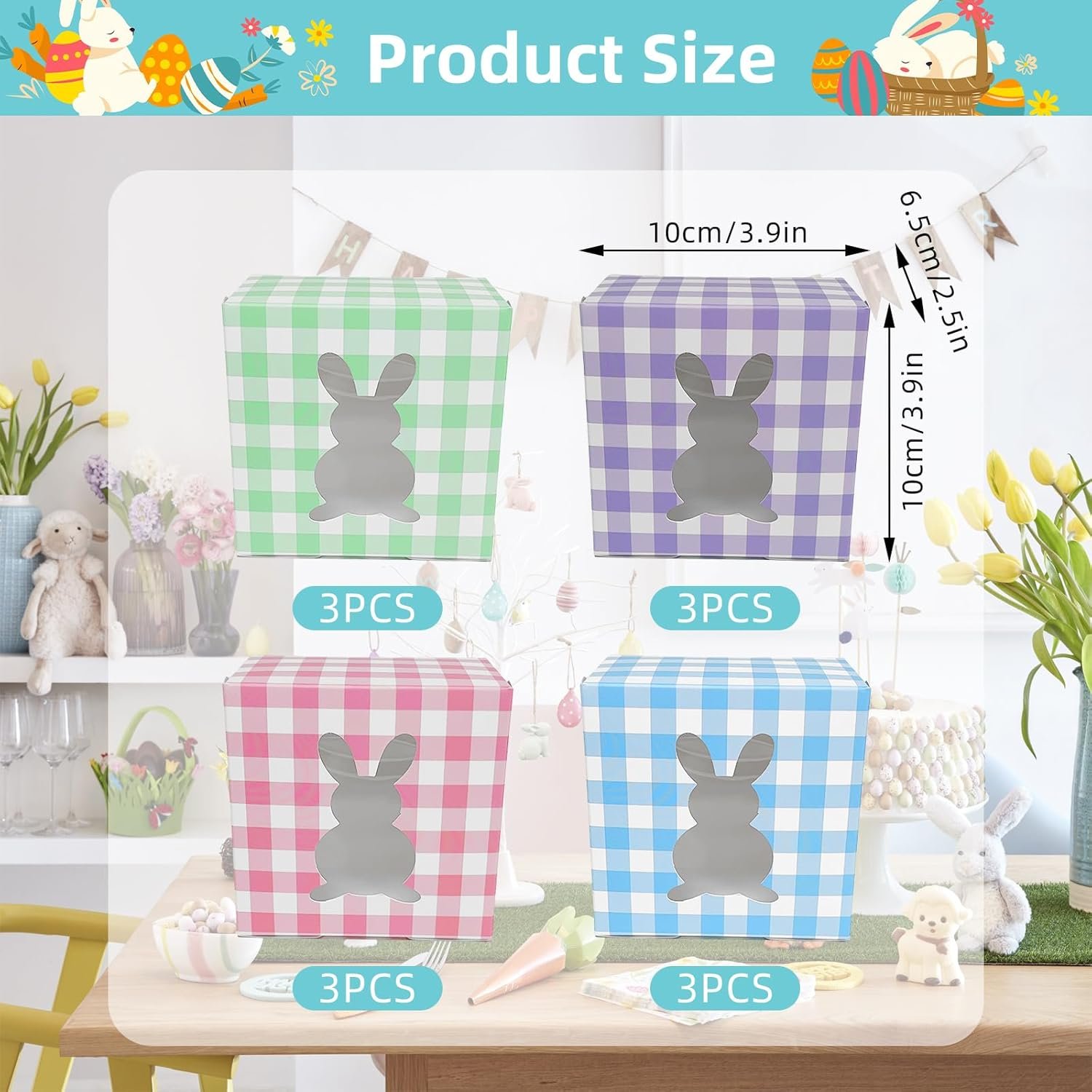 Wholesale 12 Pack 4x4x2.6 Inch Colorful Bunny Boxes with Window Buffalo Plaid Kraft Cardboard Goodie Cupcake Strawberry Treat Candy Containers for Easter Spring Decorations Party Supplies Manufacturer