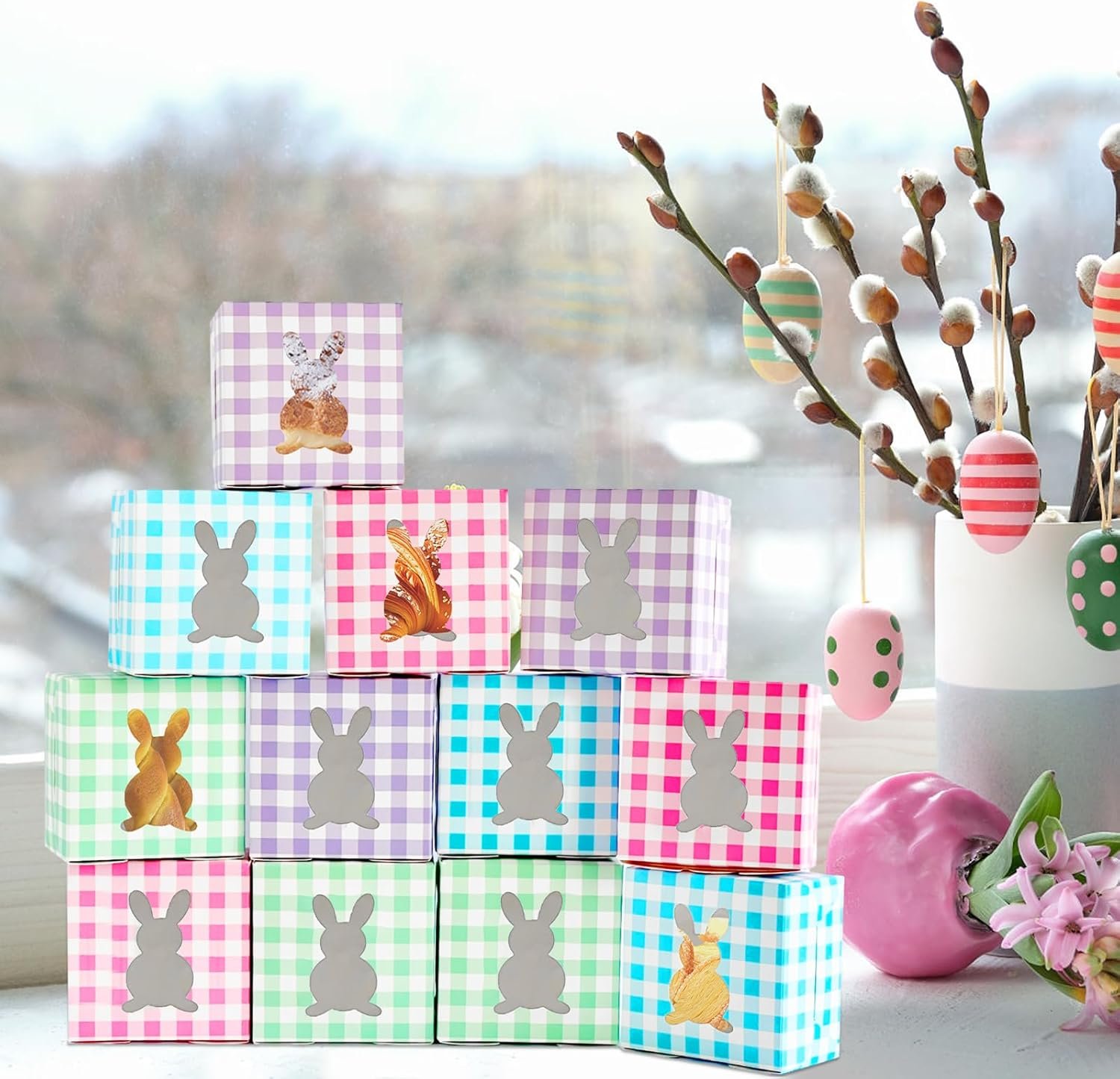 Wholesale 12 Pack 4x4x2.6 Inch Colorful Bunny Boxes with Window Buffalo Plaid Kraft Cardboard Goodie Cupcake Strawberry Treat Candy Containers for Easter Spring Decorations Party Supplies Manufacturer