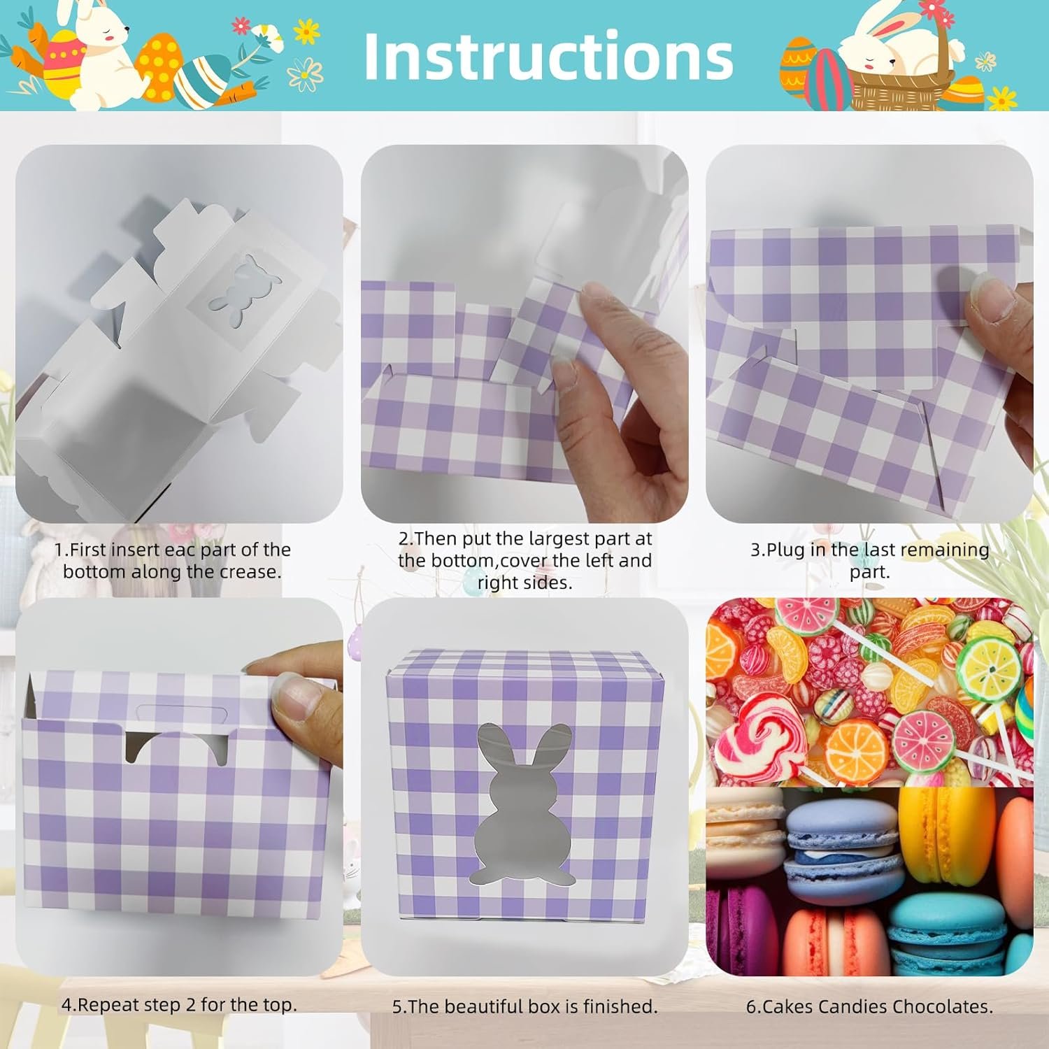 Wholesale 12 Pack 4x4x2.6 Inch Colorful Bunny Boxes with Window Buffalo Plaid Kraft Cardboard Goodie Cupcake Strawberry Treat Candy Containers for Easter Spring Decorations Party Supplies Manufacturer