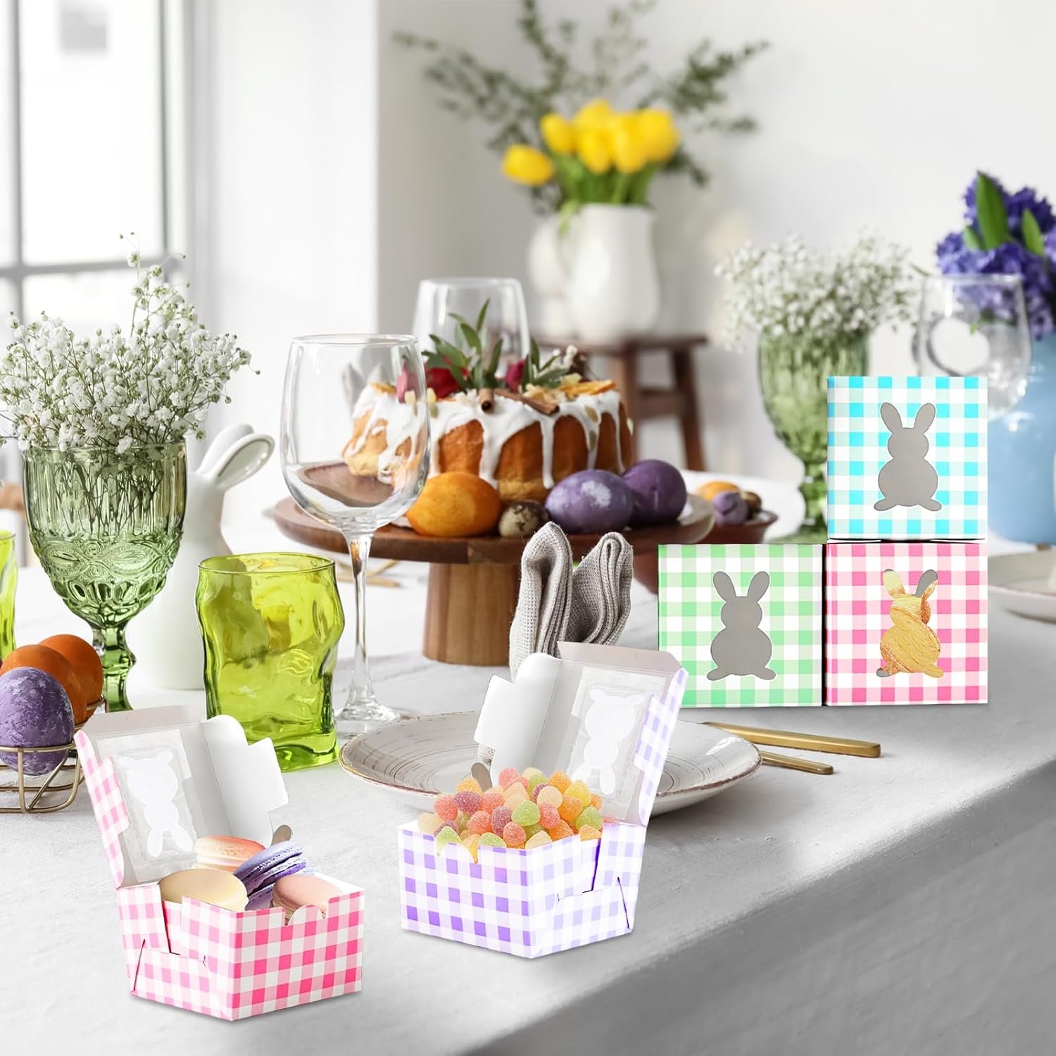 Wholesale 12 Pack 4x4x2.6 Inch Colorful Bunny Boxes with Window Buffalo Plaid Kraft Cardboard Goodie Cupcake Strawberry Treat Candy Containers for Easter Spring Decorations Party Supplies Manufacturer