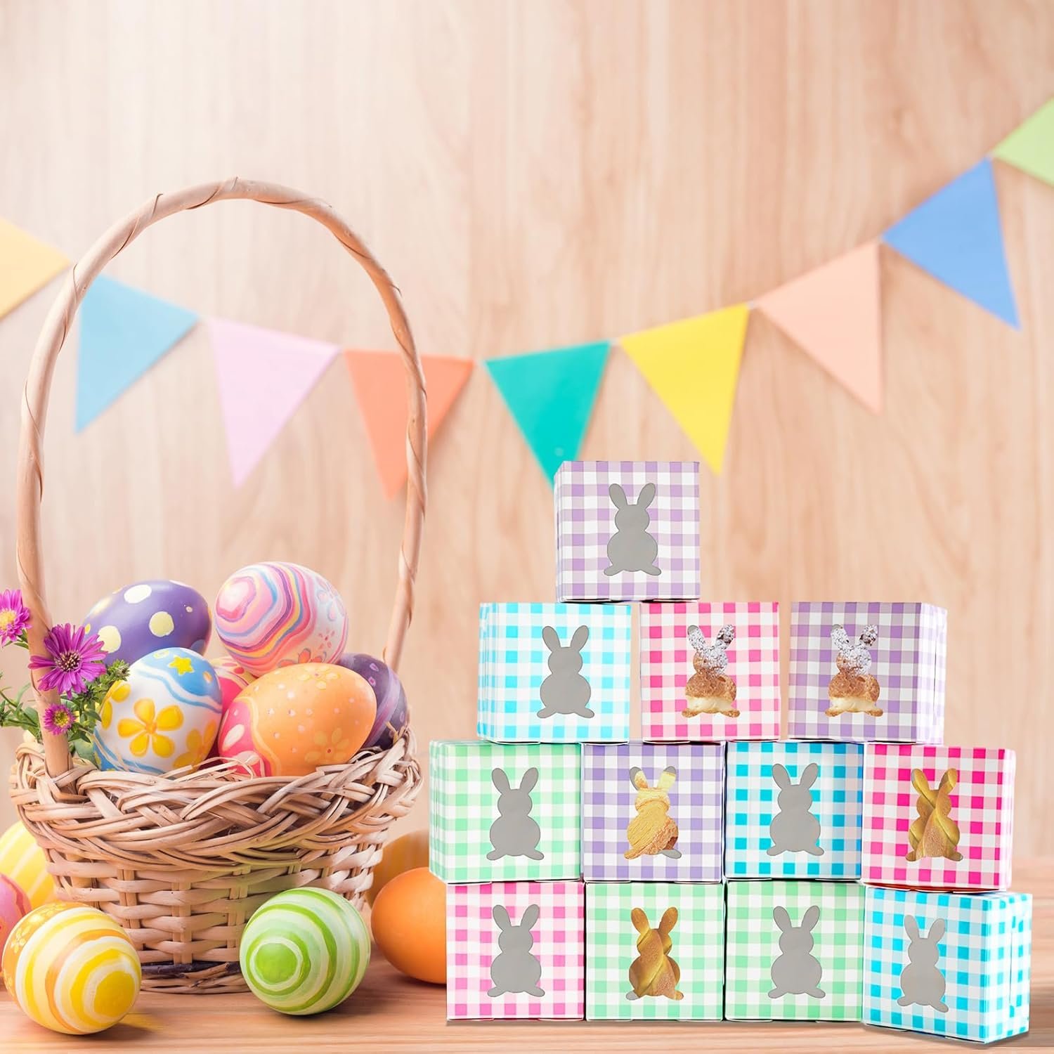 Wholesale 12 Pack 4x4x2.6 Inch Colorful Bunny Boxes with Window Buffalo Plaid Kraft Cardboard Goodie Cupcake Strawberry Treat Candy Containers for Easter Spring Decorations Party Supplies Manufacturer