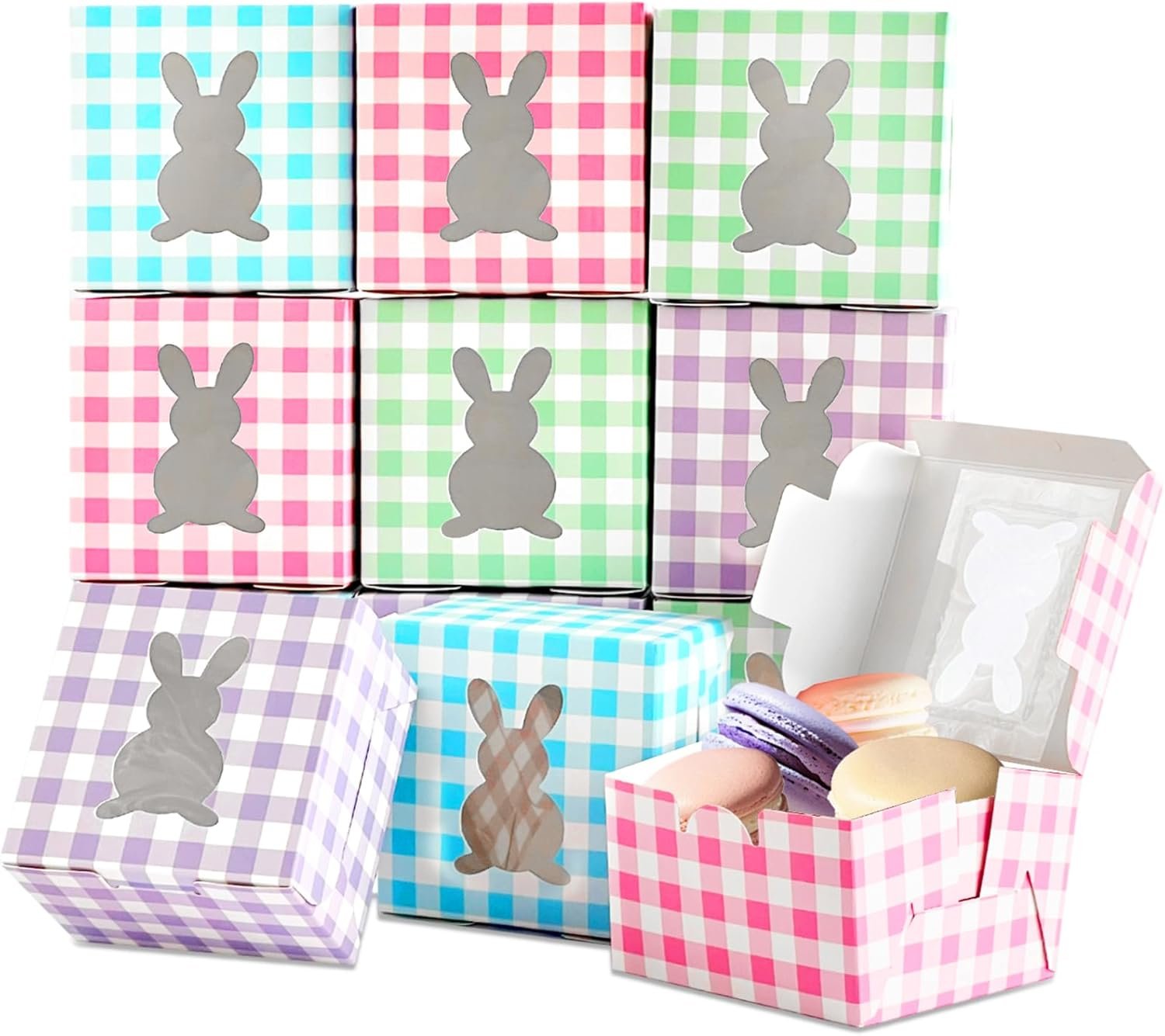 Wholesale 12 Pack 4x4x2.6 Inch Colorful Bunny Boxes with Window Buffalo Plaid Kraft Cardboard Goodie Cupcake Strawberry Treat Candy Containers for Easter Spring Decorations Party Supplies Manufacturer
