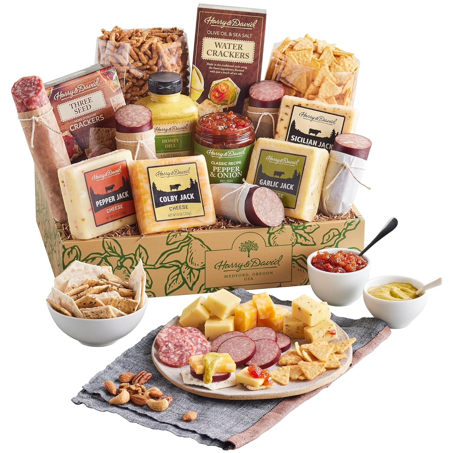 Wholesale Ultimate Meat and Cheese Gift Box Charcuterie Platter with 4 Cheese Blocks 4 Sausages 5 Cracker Sets Sesame Sticks Relish Honey Mustard Sauces Manufacturer
