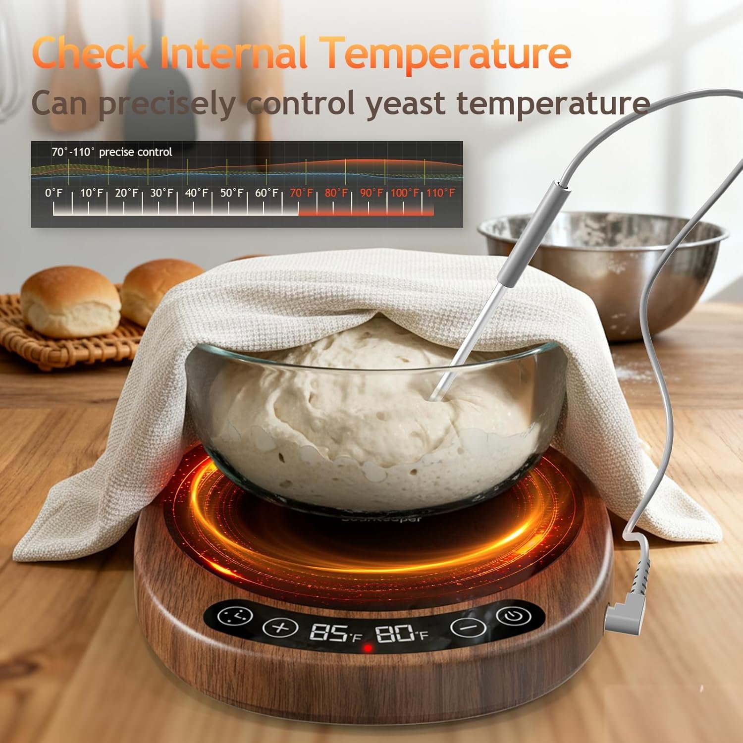 OEM Larger 2-in-1 Sourdough Starter Warmer Pro 2026 Upgrade with 6.5-Inch Heating Plate Dough Temp Probe 1°F Control 70–110°F 24H Timer Real-Time Monitoring Walnut Manufacturer