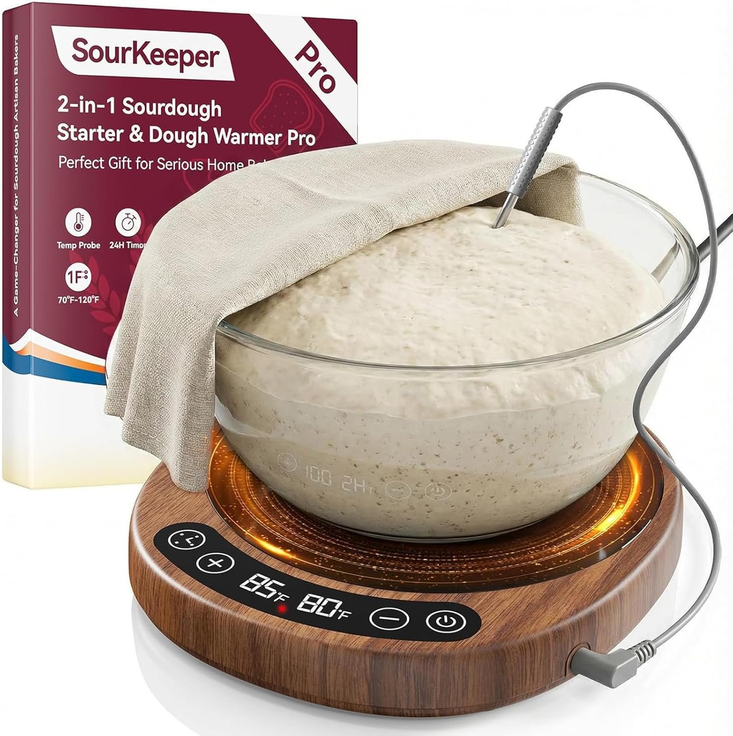 OEM Larger 2-in-1 Sourdough Starter Warmer Pro 2026 Upgrade with 6.5-Inch Heating Plate Dough Temp Probe 1°F Control 70–110°F 24H Timer Real-Time Monitoring Walnut Manufacturer