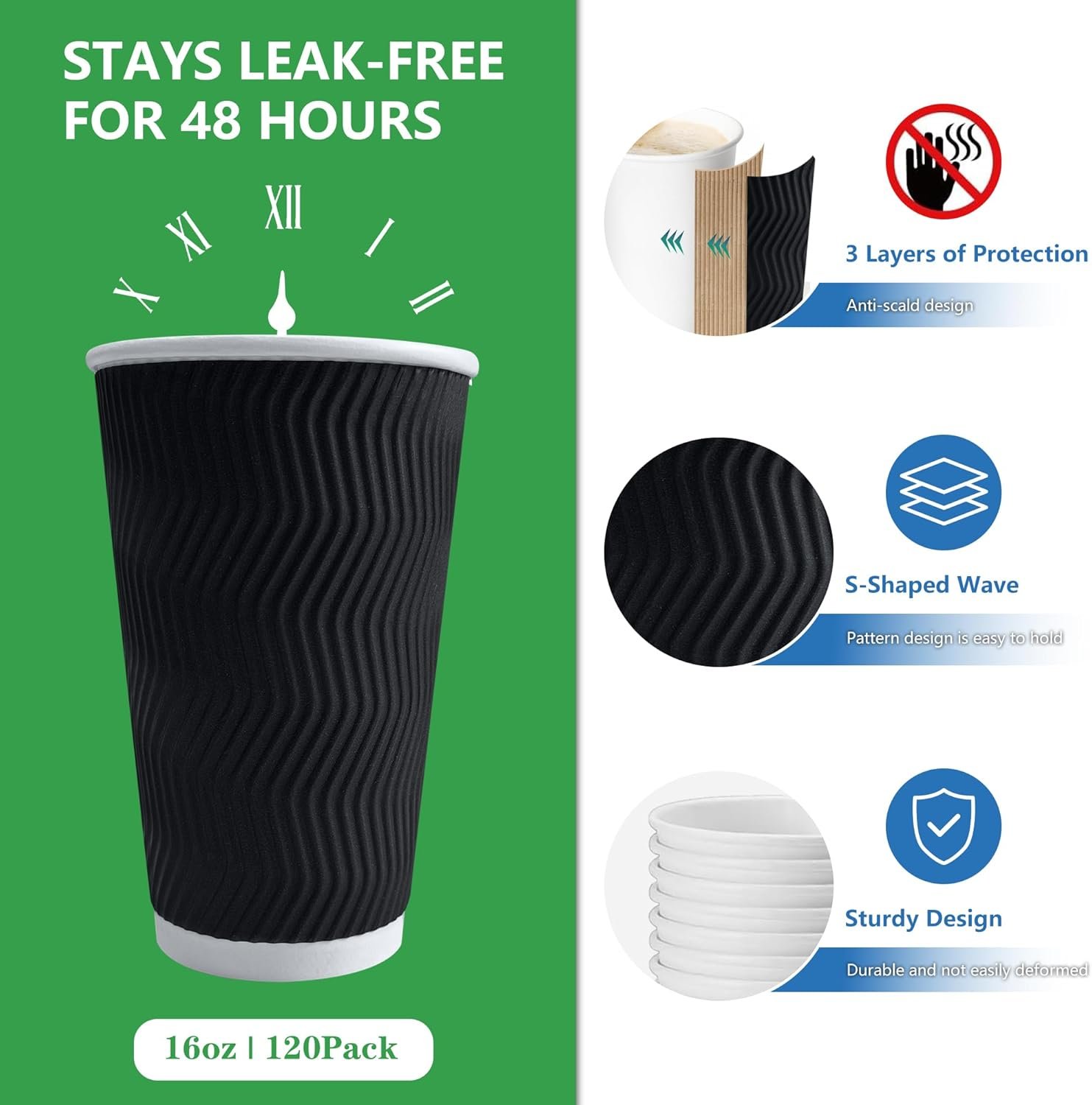 Wholesale 120 Pack 16 oz Disposable Insulated Ripple Wall Paper Coffee Cups for Hot Chocolate Cocoa and Hot Cold Beverages Black Manufacturer