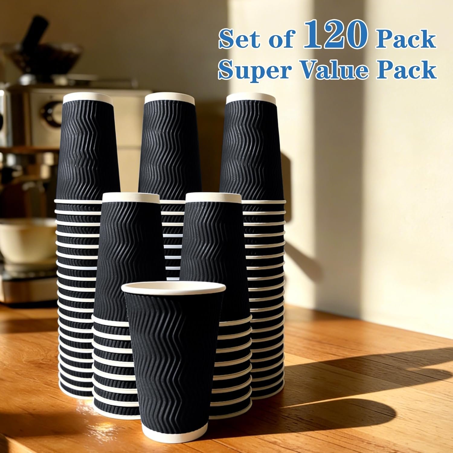 Wholesale 120 Pack 16 oz Disposable Insulated Ripple Wall Paper Coffee Cups for Hot Chocolate Cocoa and Hot Cold Beverages Black Manufacturer