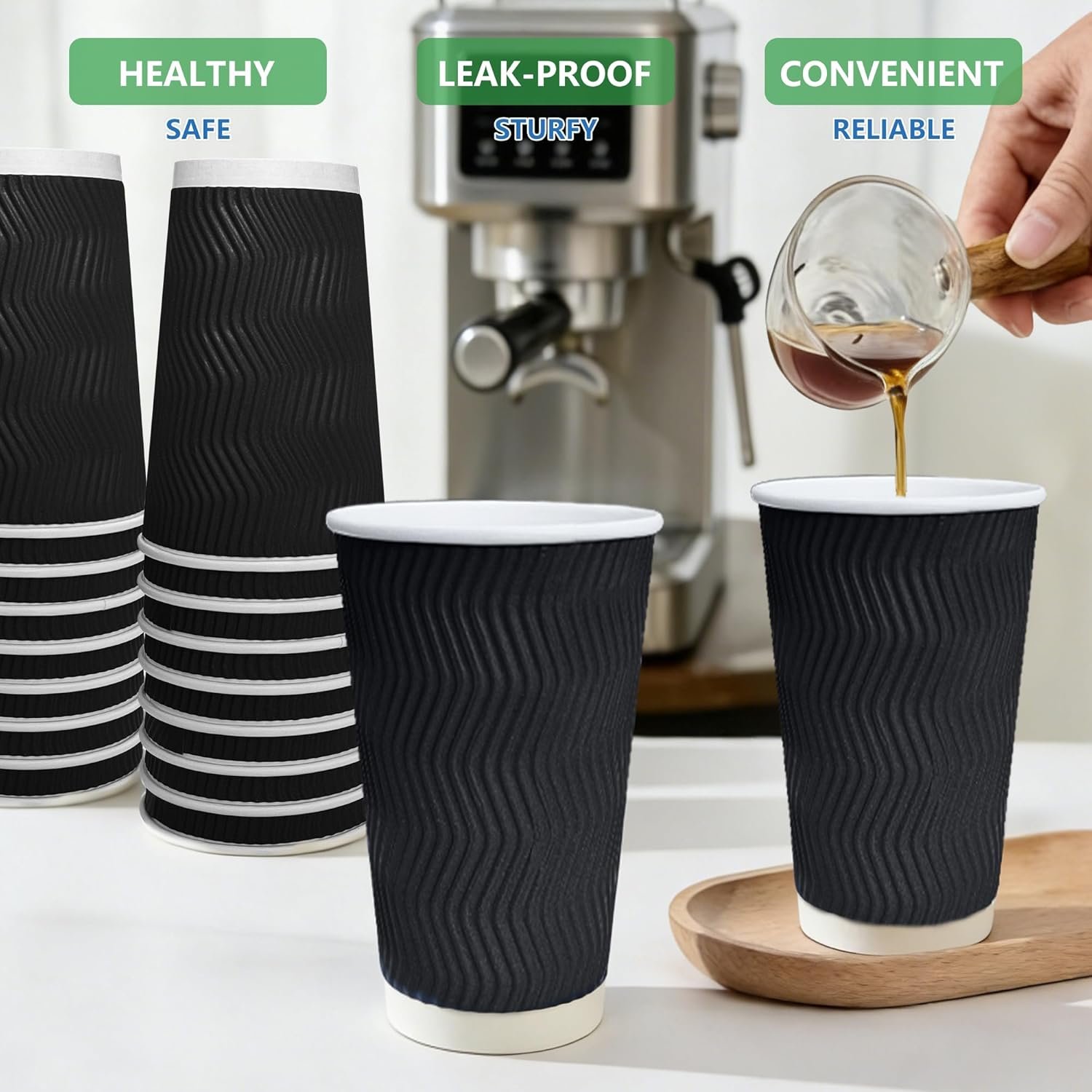 Wholesale 120 Pack 16 oz Disposable Insulated Ripple Wall Paper Coffee Cups for Hot Chocolate Cocoa and Hot Cold Beverages Black Manufacturer
