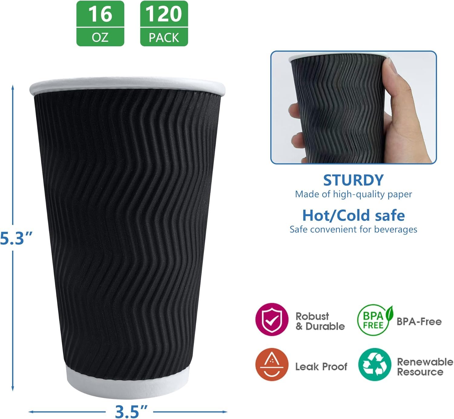 Wholesale 120 Pack 16 oz Disposable Insulated Ripple Wall Paper Coffee Cups for Hot Chocolate Cocoa and Hot Cold Beverages Black Manufacturer