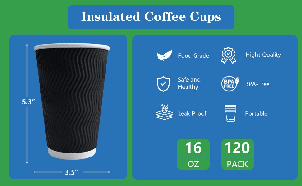 Wholesale 120 Pack 16 oz Disposable Insulated Ripple Wall Paper Coffee Cups for Hot Chocolate Cocoa and Hot Cold Beverages Black Manufacturer
