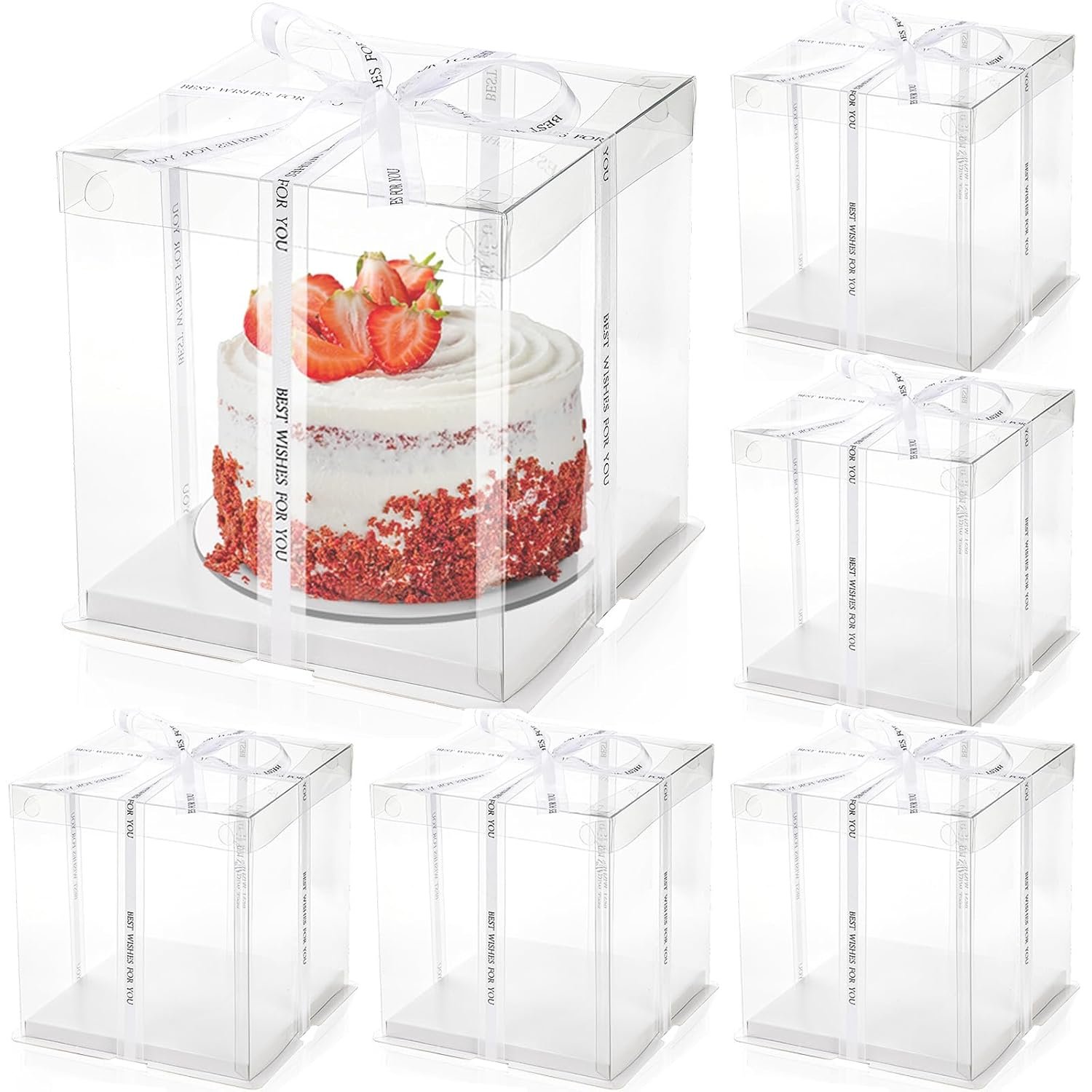 Wholesale 6 Pcs Clear PET Cake Boxes with Ribbon 8x8x9 Inch 2-Layer Tall Packaging for Tiered Cakes Transparent Transport Container with Lid Manufacturer