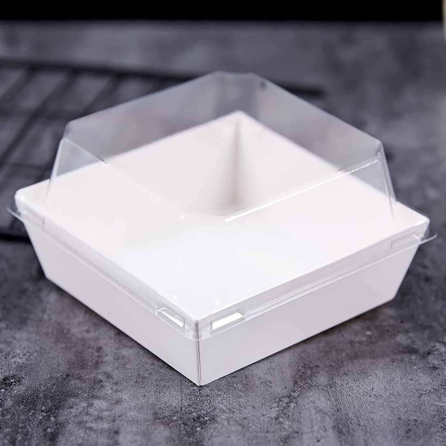Wholesale 50 Pack 5 Inches White Square Paper Charcuterie Boxes with Clear Secure Lids Disposable Food Containers Bakery Boxes for Sandwiches Cake Slices Cookies Hot Cocoa Bombs Strawberries Manufacturer