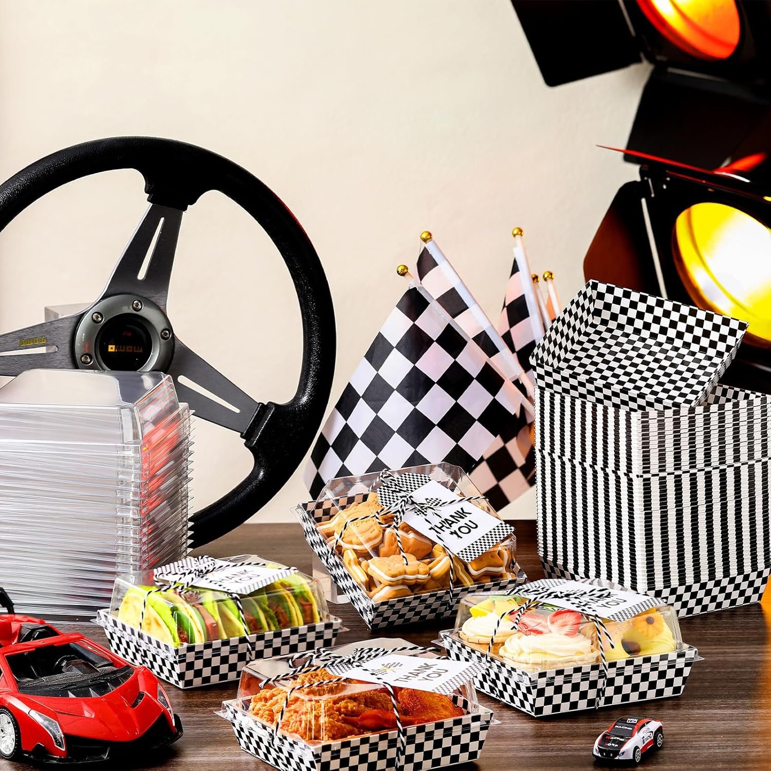 Wholesale 50 Sets Black and White Checkered Race Car Party Charcuterie Boxes with Ropes and Cards Disposable Paper Food Containers for Desserts Sandwiches Cookies Snacks Manufacturer Wholesale 50 Sets Black and White Checkered Race Car Party Charcuterie Boxes with Ropes and Cards Disposable Paper Food Containers for Desserts Sandwiches Cookies Snacks Manufacturer